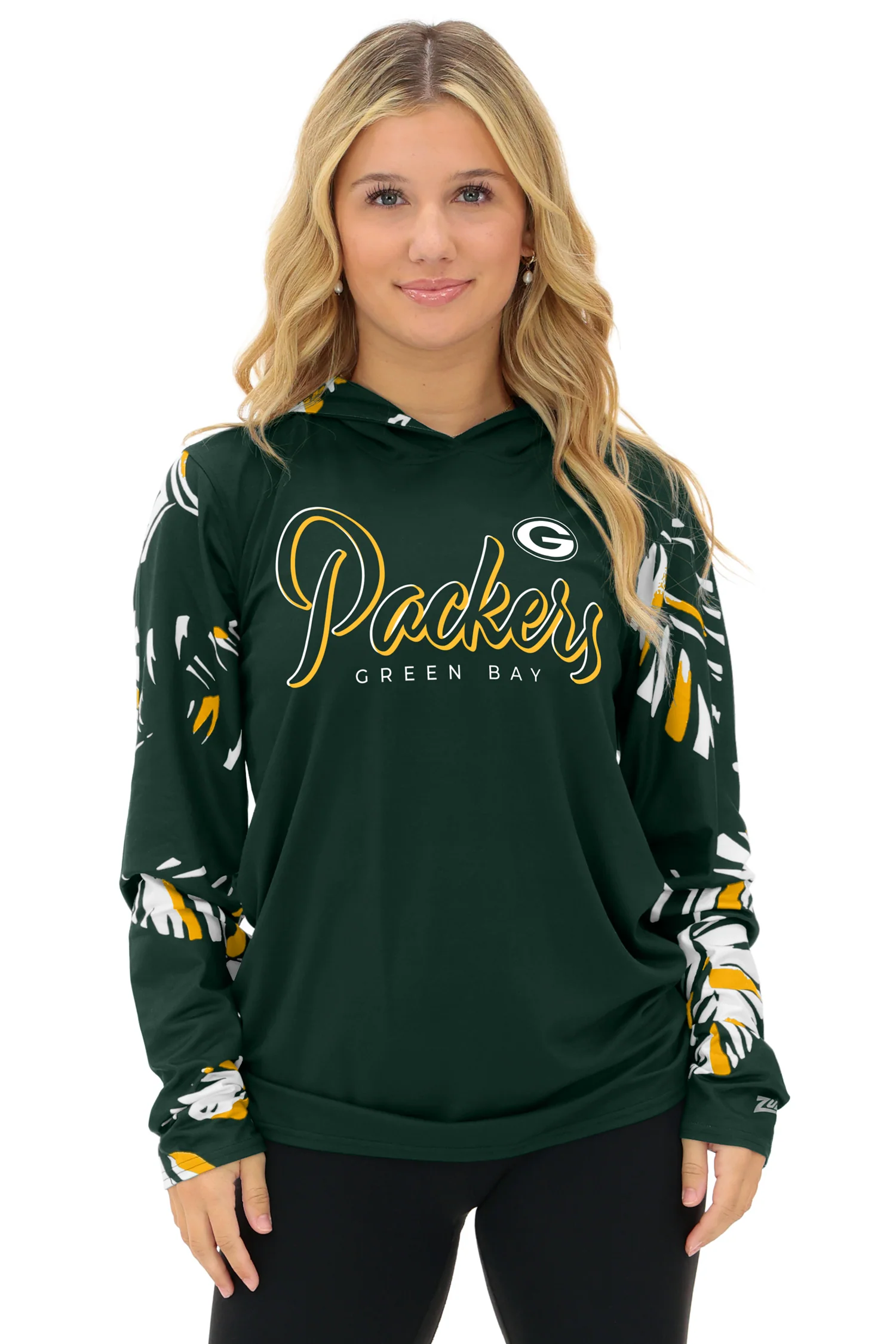 Zubaz NFL WOMEN Casual Script Leaf Accent Lightweight Hoodie, GREEN BAY PACKERS