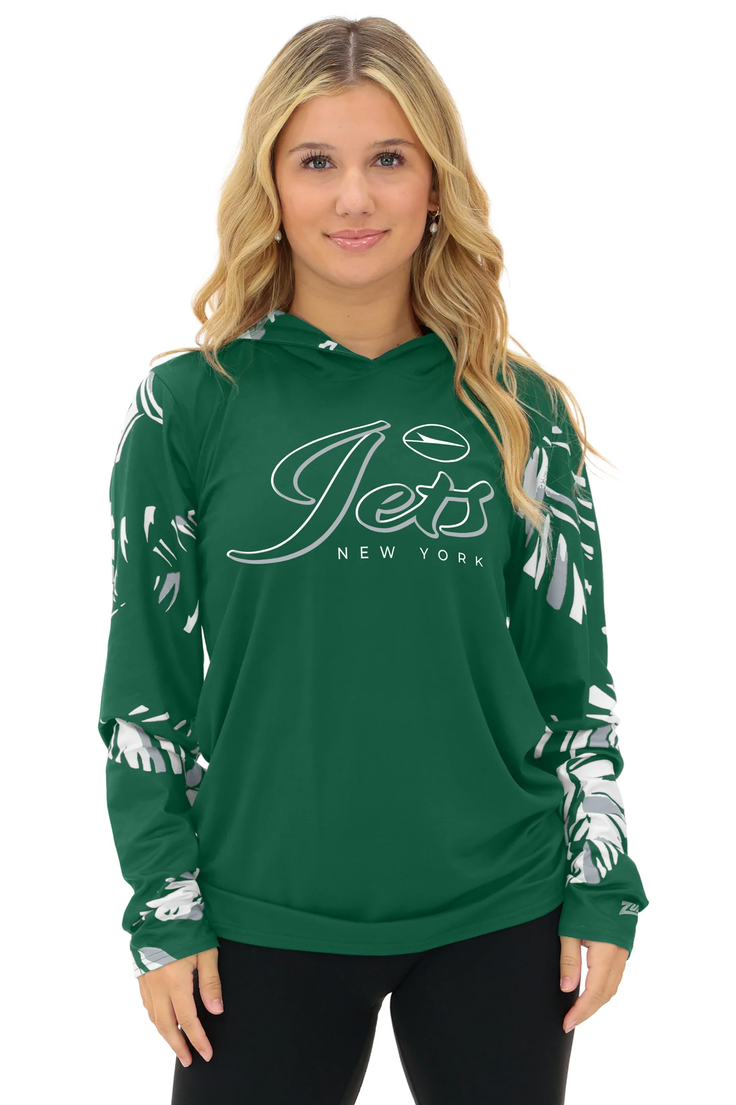 Zubaz NFL WOMEN Casual Script Leaf Accent Lightweight Hoodie, NEW YORK JETS