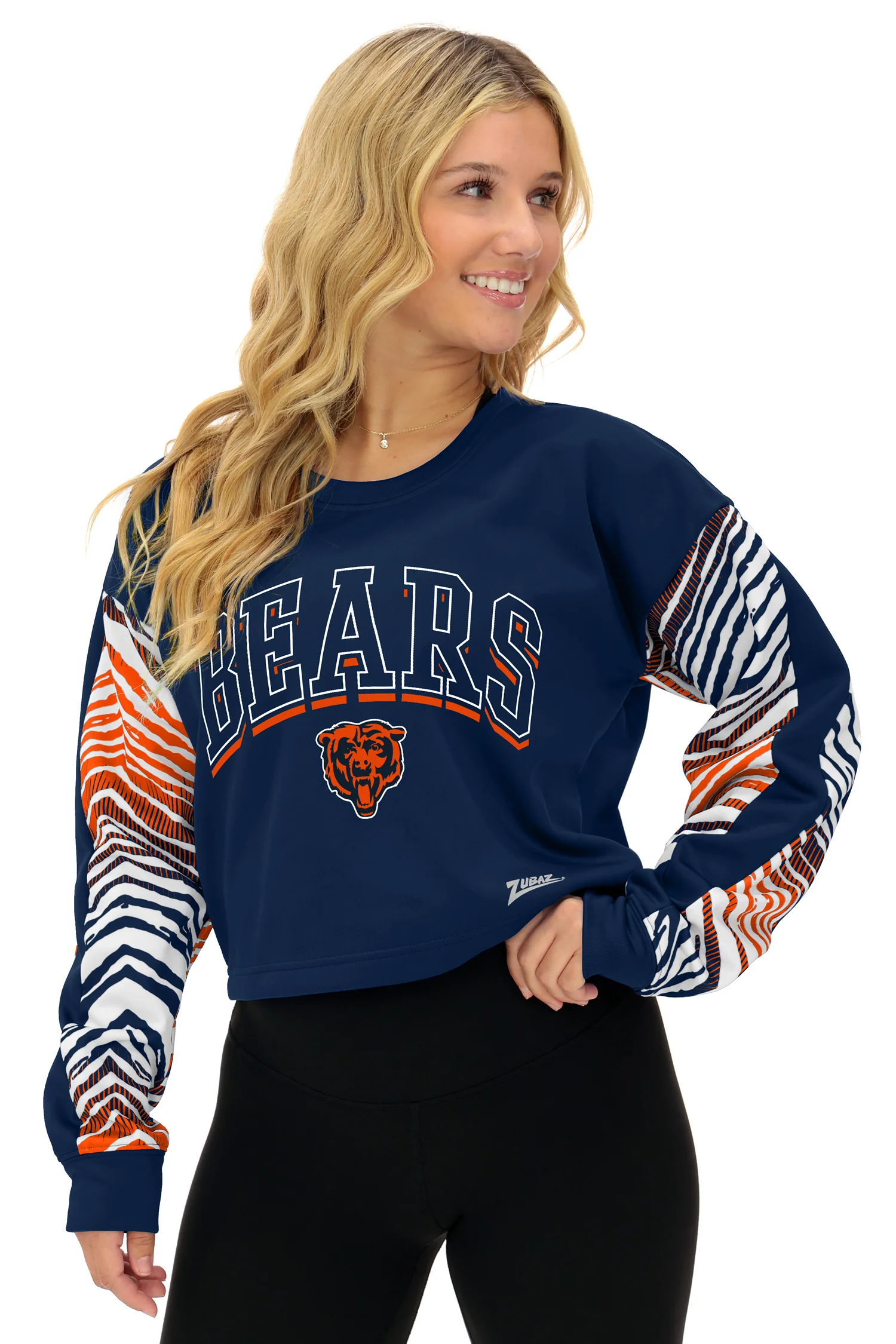 Zubaz NFL Women's Classic Arch Crop Top with Zebra Ombre Sleeves, CHICAGO BEARS