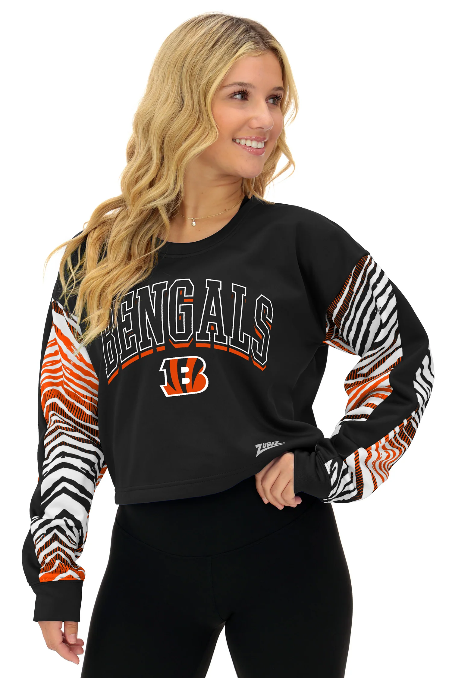 Zubaz NFL Women's Classic Arch Crop Top with Zebra Ombre Sleeves, CINCINNATI BENGALS - Image 2