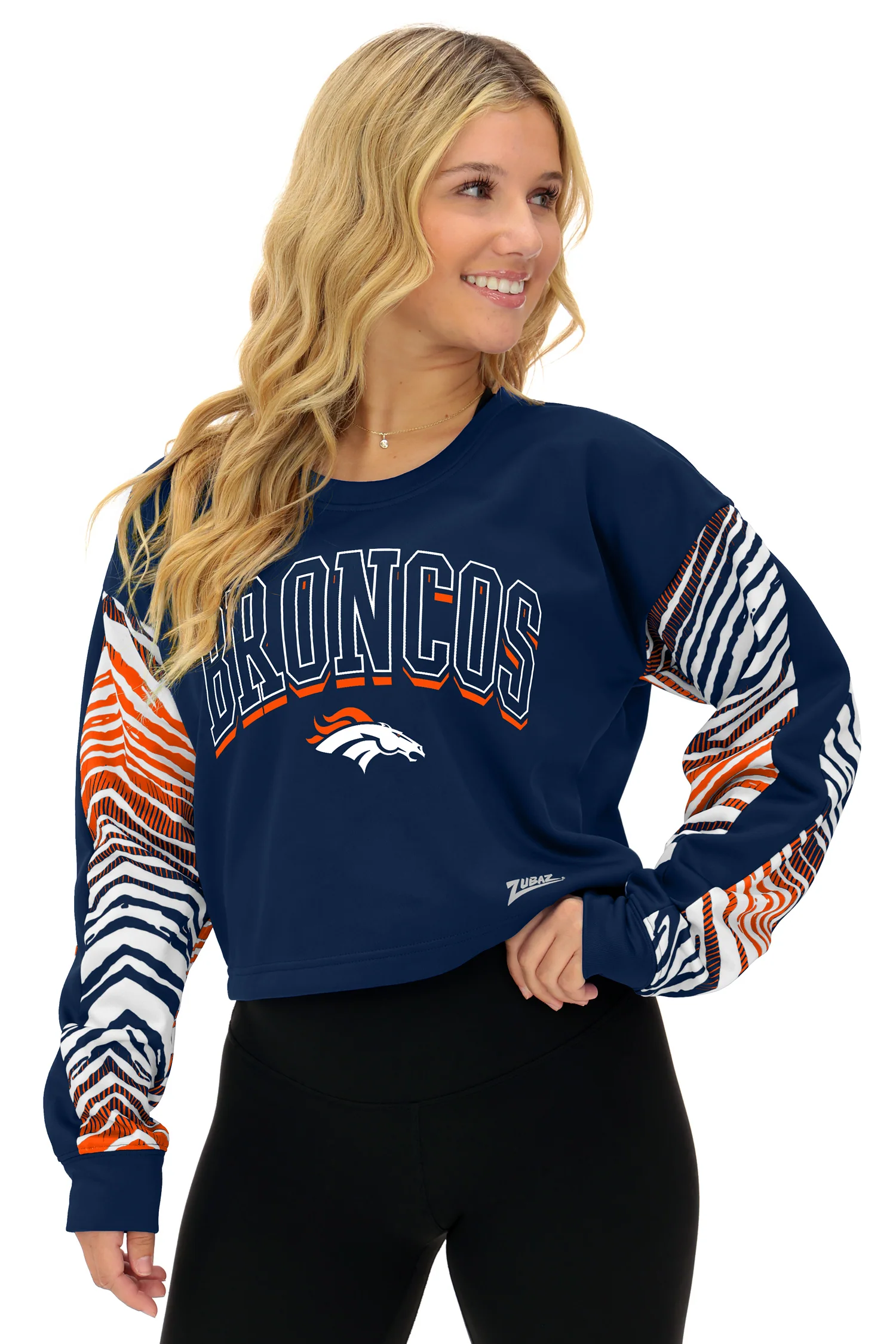 Zubaz NFL Women's Classic Arch Crop Top with Zebra Ombre Sleeves, DENVER BRONCOS - Image 17