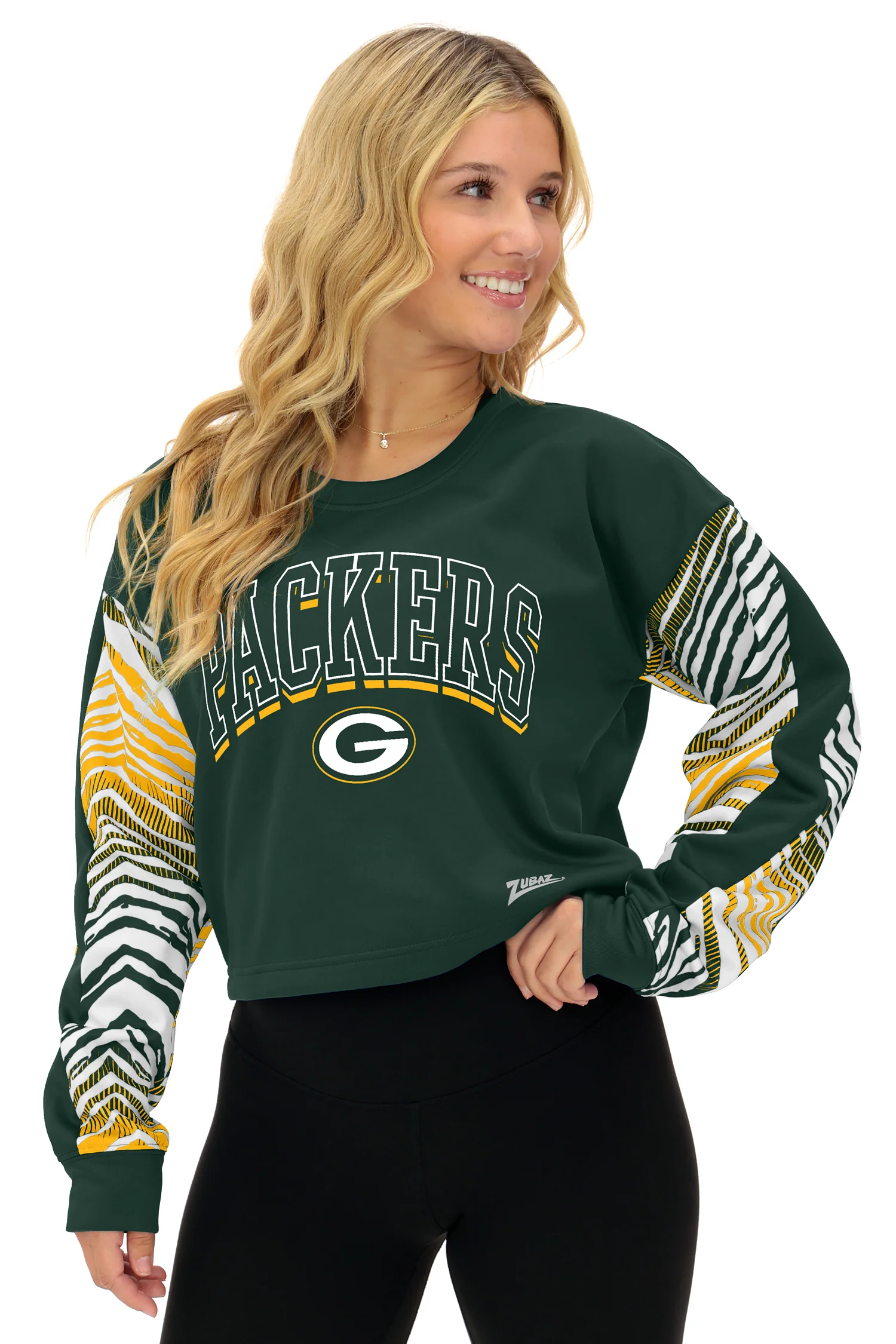 Zubaz NFL Women's Classic Arch Crop Top with Zebra Ombre Sleeves, GREEN BAY PACKERS