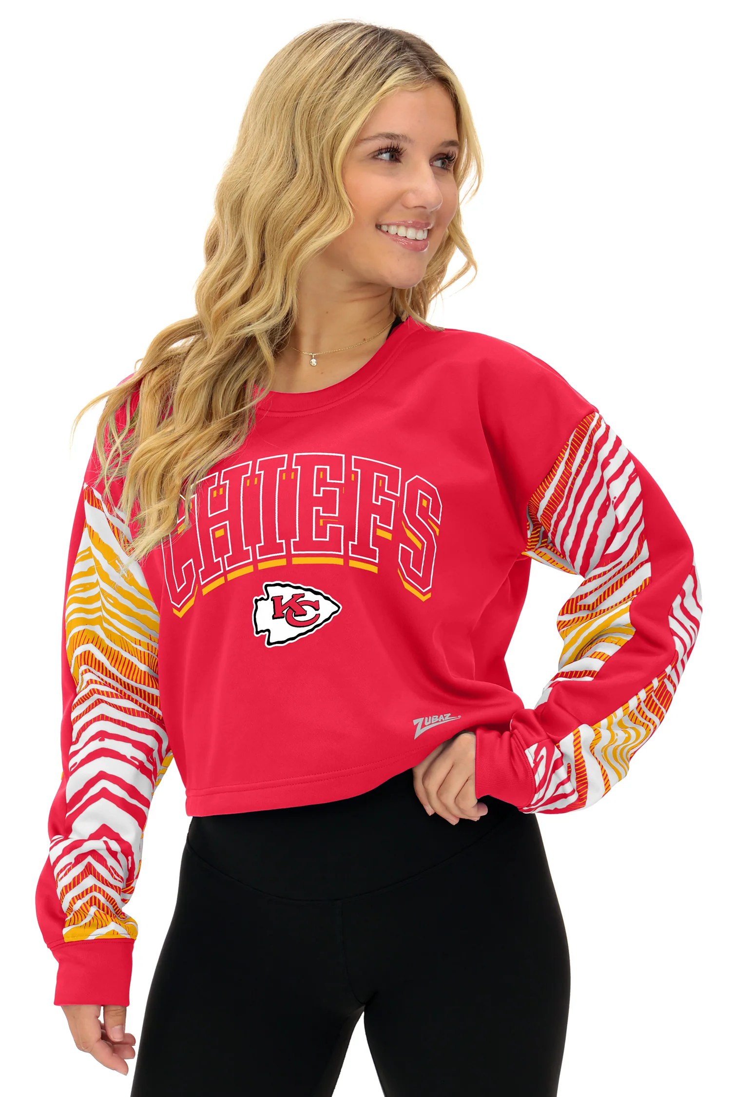 Zubaz NFL Women's Classic Arch Crop Top with Zebra Ombre Sleeves, KANSAS CITY CHIEFS - Image 29