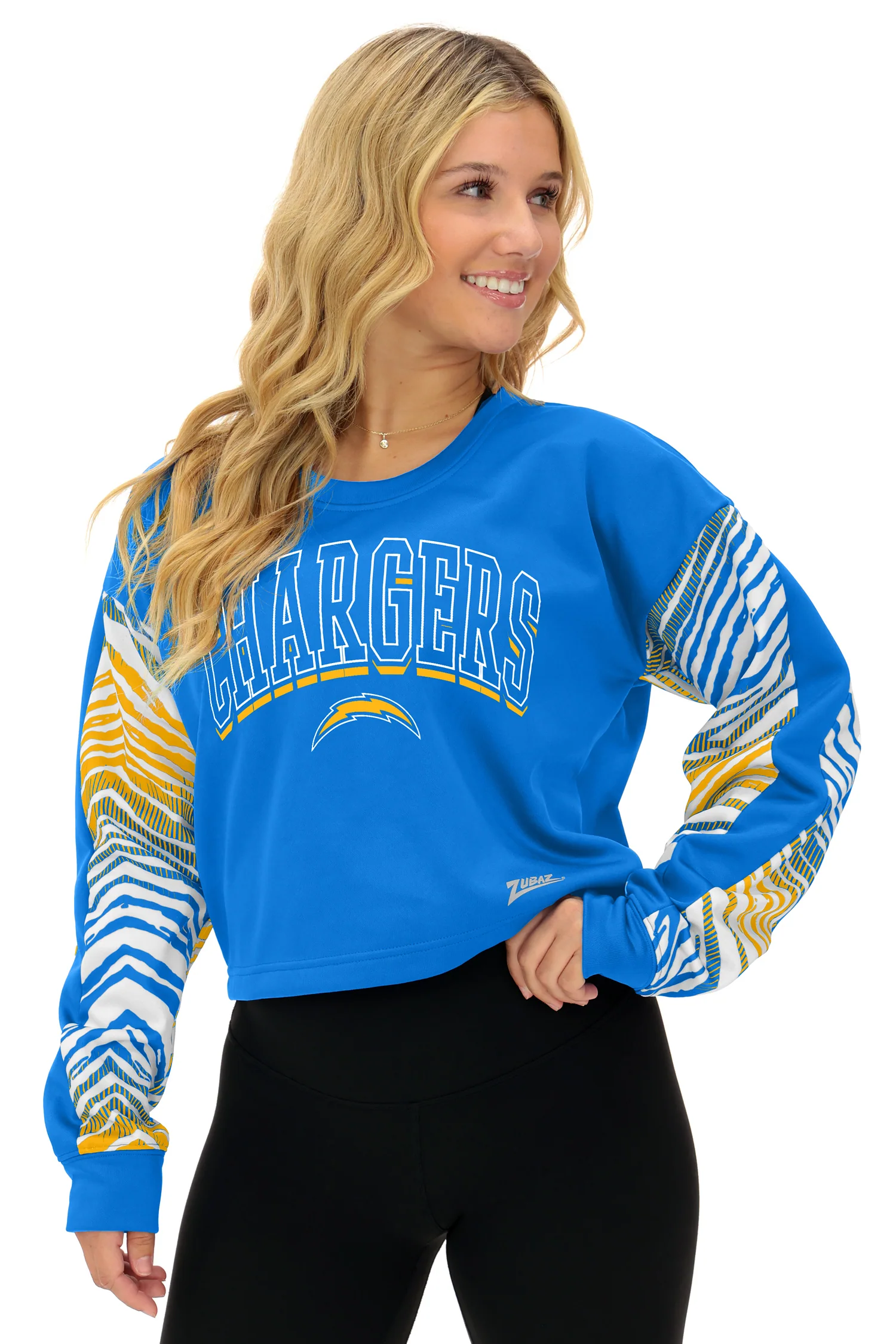 Zubaz NFL Women's Classic Arch Crop Top with Zebra Ombre Sleeves, LOS ANGELES CHARGERS