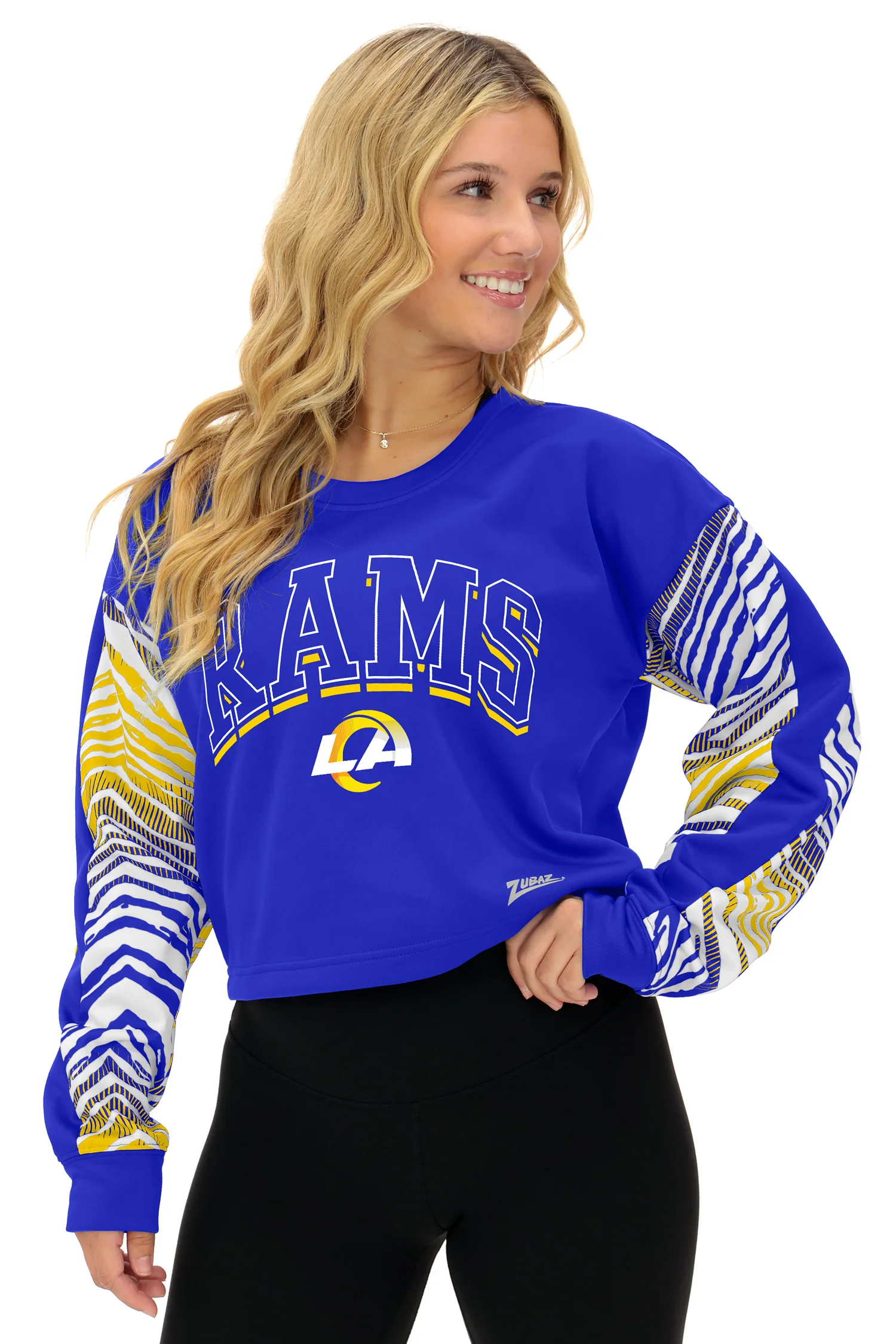 Zubaz NFL Women's Classic Arch Crop Top with Zebra Ombre Sleeves, LOS ANGELES RAMS - Image 9