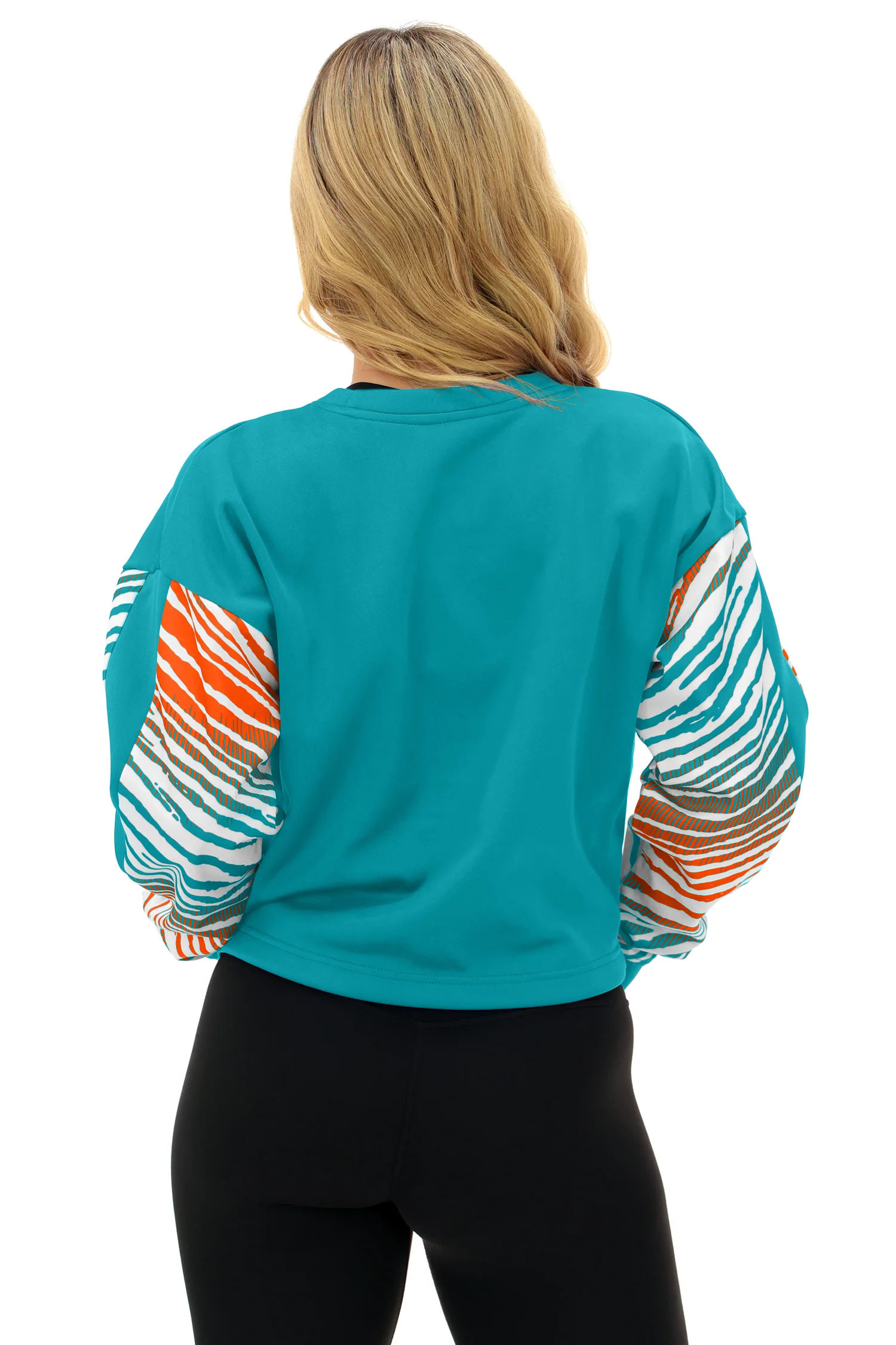 Zubaz NFL Women's Classic Arch Crop Top with Zebra Ombre Sleeves, MIAMI DOLPHINS - Image 14