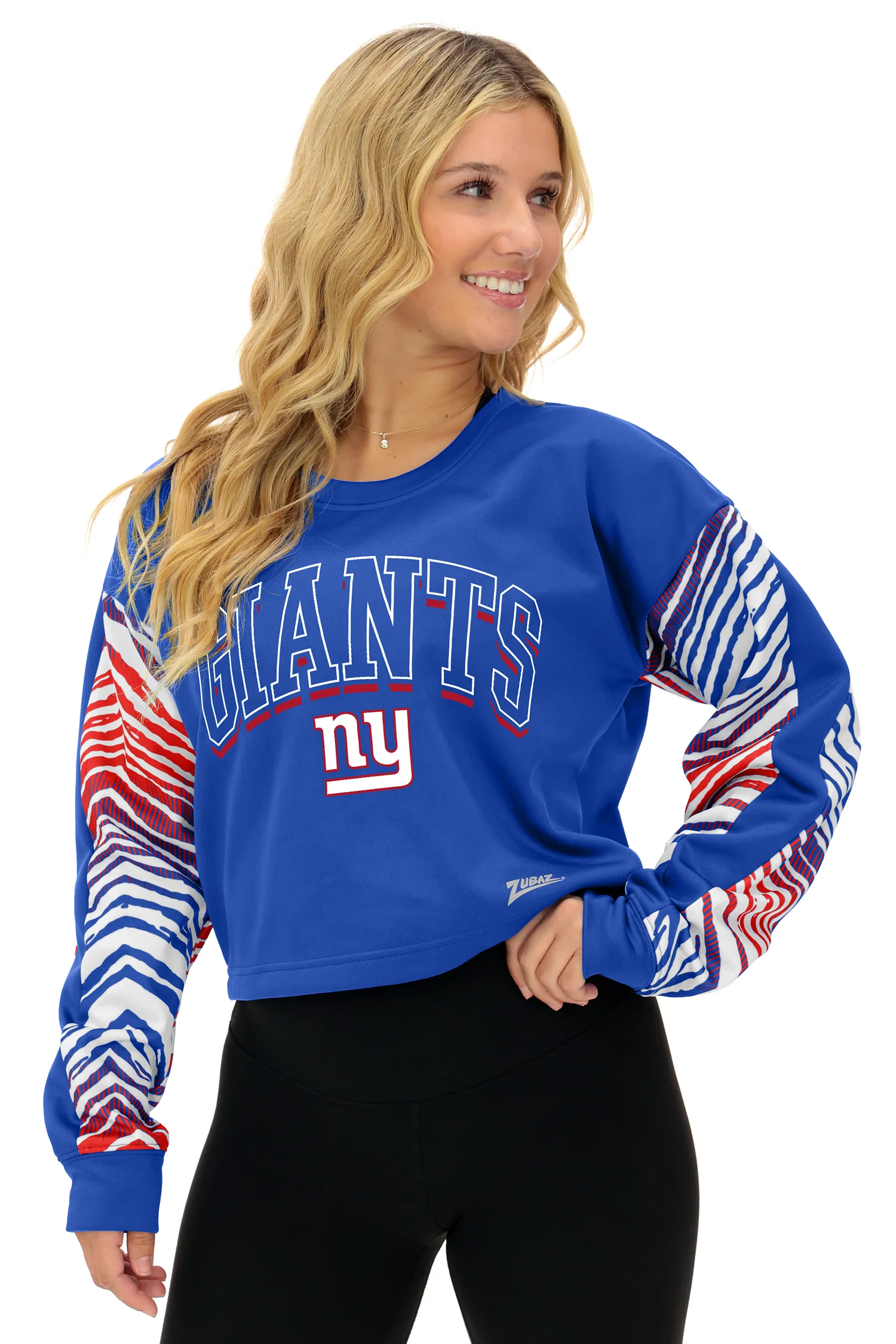 Zubaz NFL Women's Classic Arch Crop Top with Zebra Ombre Sleeves, NEW YORK GIANTS - Image 2