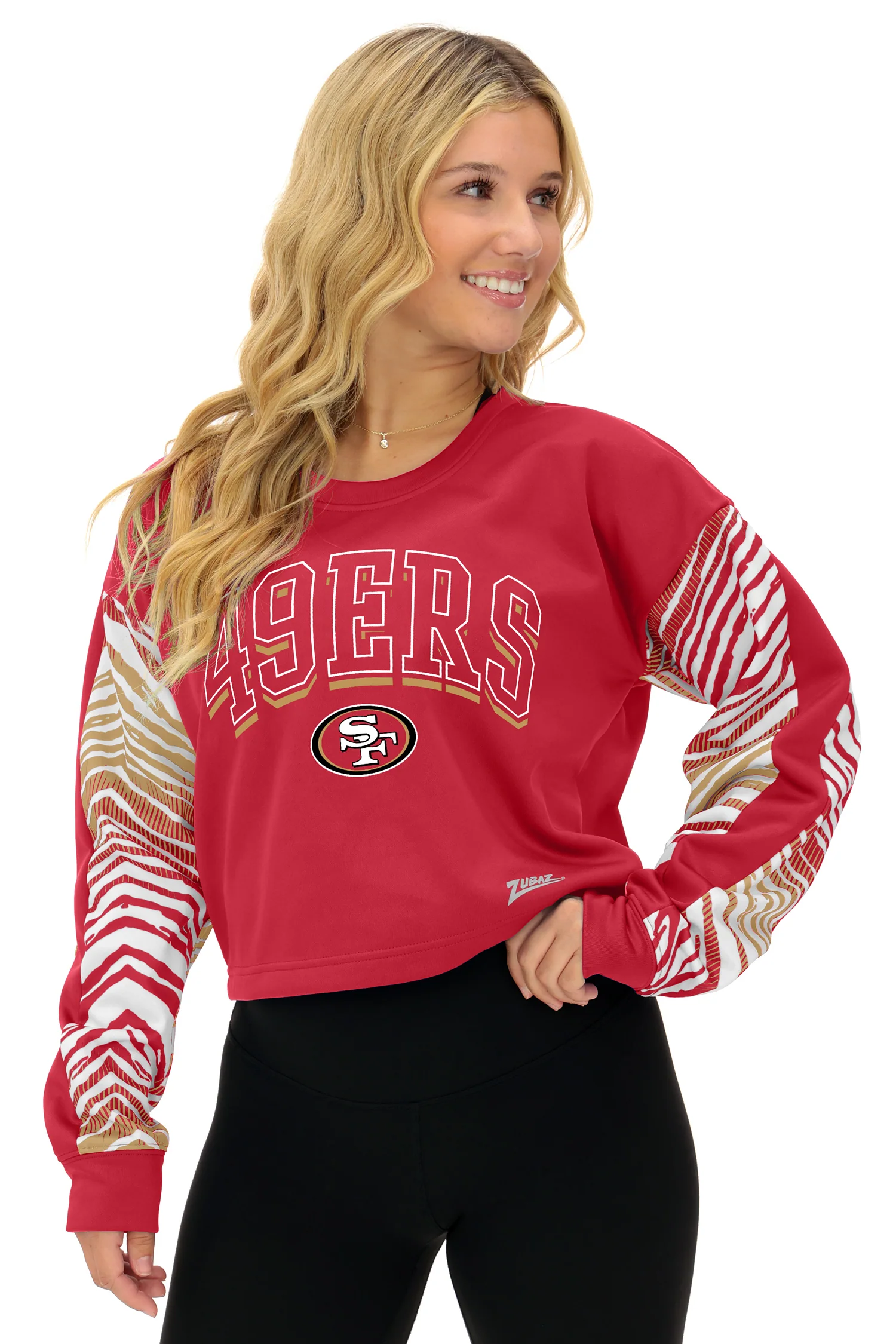 Zubaz NFL Women's Classic Arch Crop Top with Zebra Ombre Sleeves, SAN FRANCISCO 49ERS - Image 25