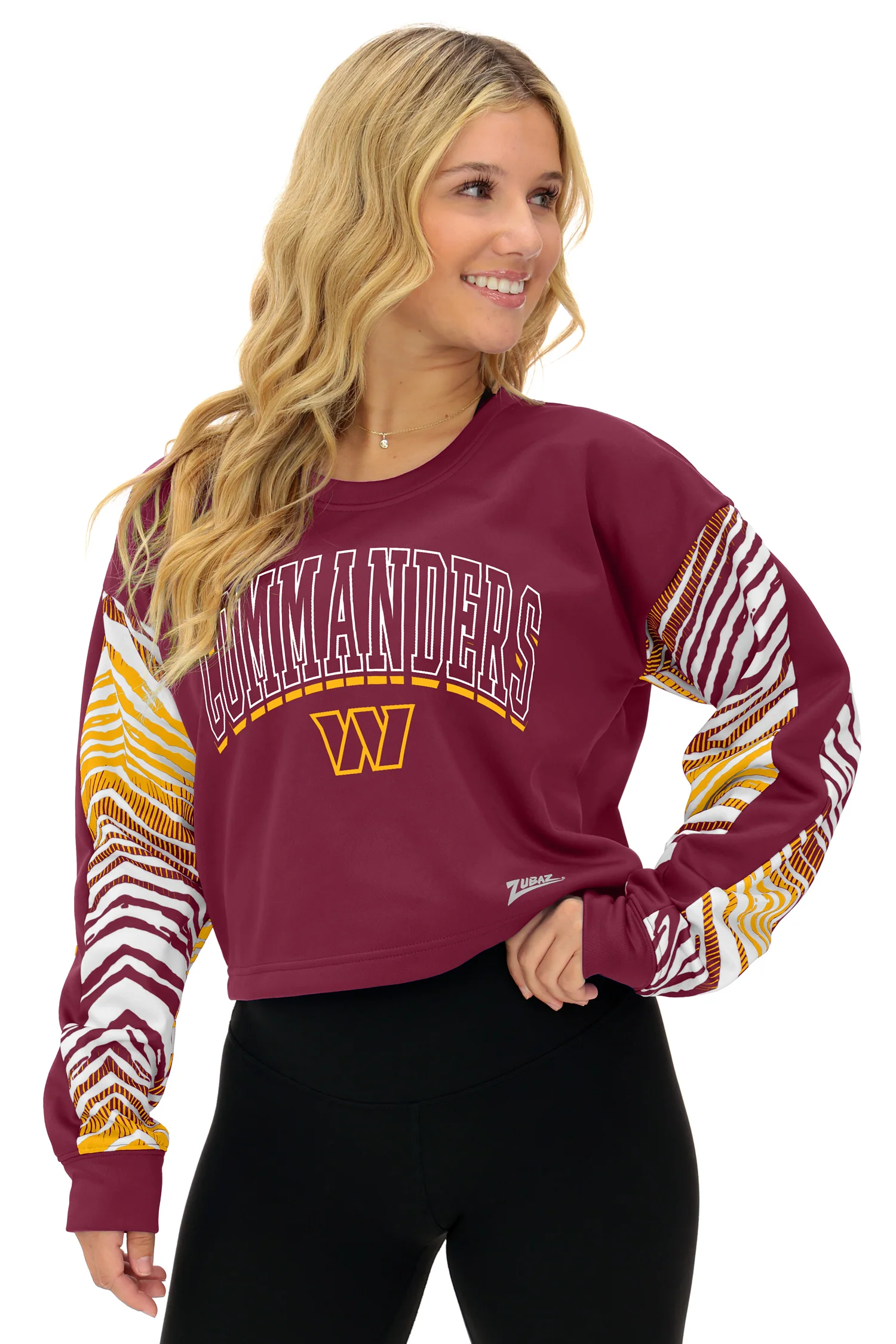Zubaz NFL Women's Classic Arch Crop Top with Zebra Ombre Sleeves, WASHINGTON COMMANDERS - Image 29