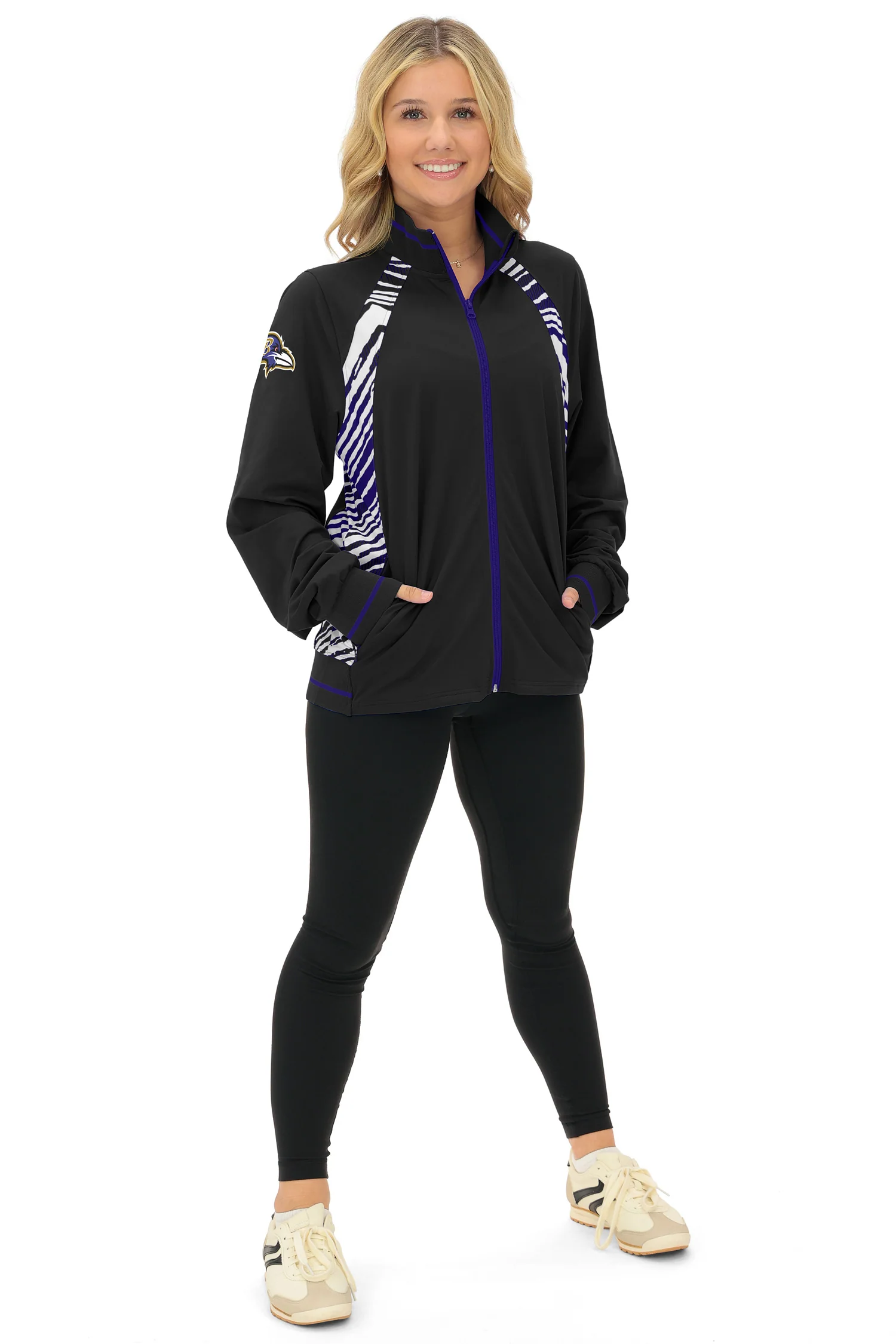 Zubaz NFL Women's Elevated Zebra Ombre Mock Track Full Zip Top, BALTIMORE RAVENS - Image 5