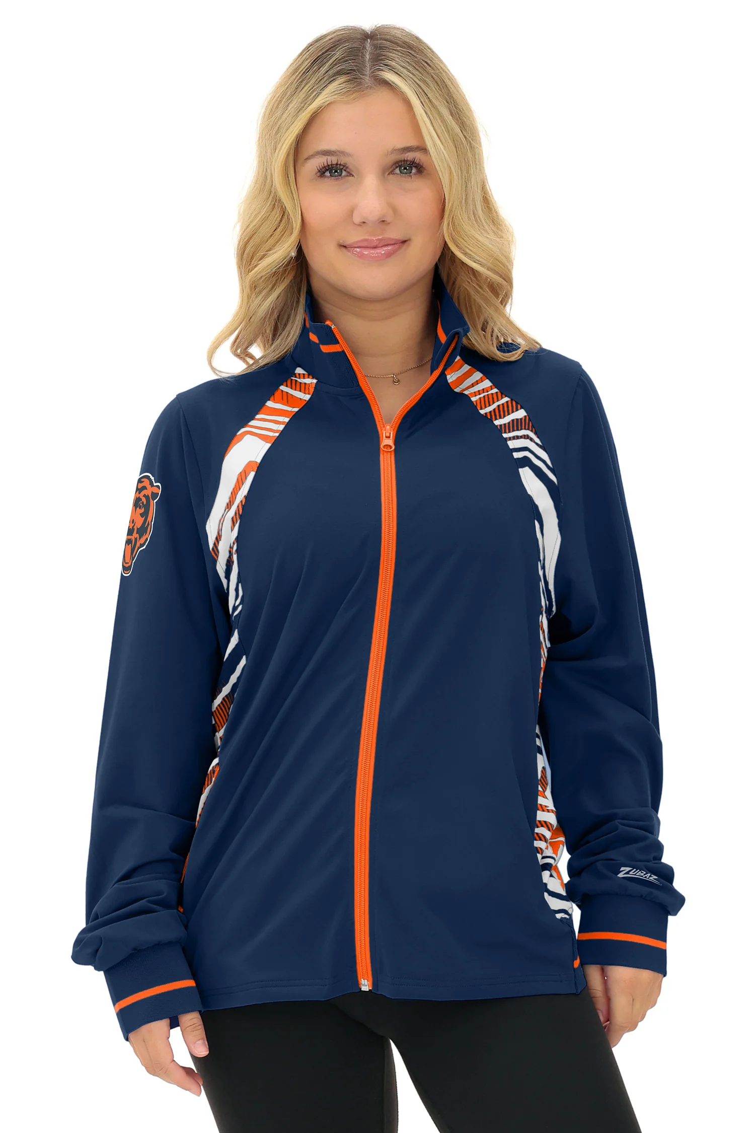 Zubaz NFL Women's Elevated Zebra Ombre Mock Track Full Zip Top, CHICAGO BEARS - Image 2