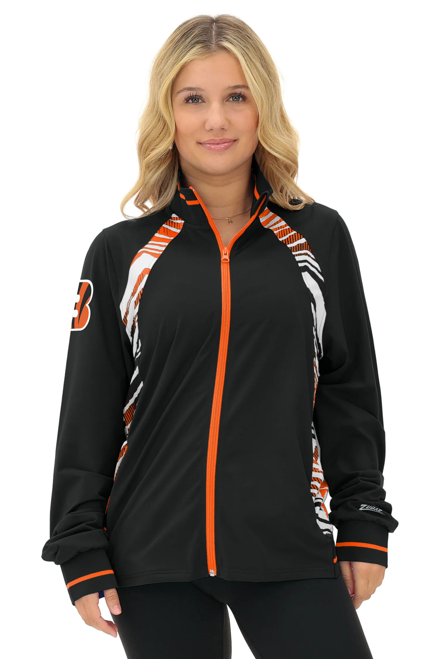 Zubaz NFL  Women's Elevated Zebra Ombre Mock Track Full Zip Top, CINCINNATI BENGALS - Image 2