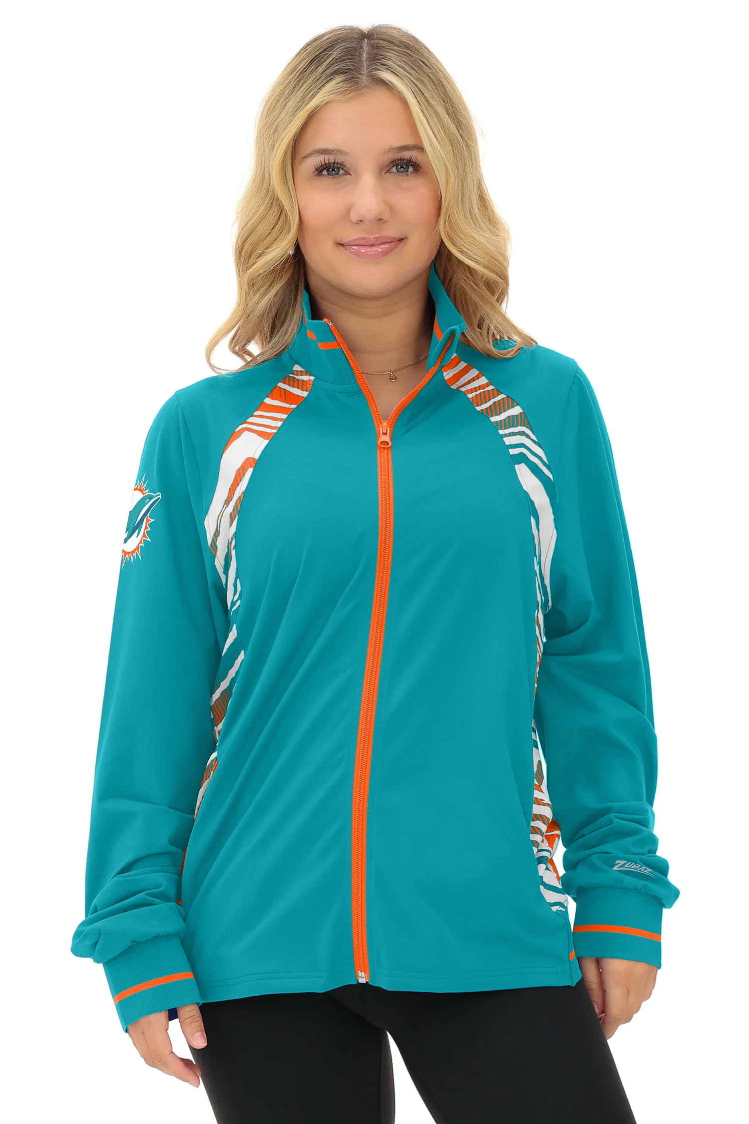 Zubaz NFL Women's Elevated Zebra Ombre Mock Track Full Zip Top, MIAMI DOLPHINS - Image 10