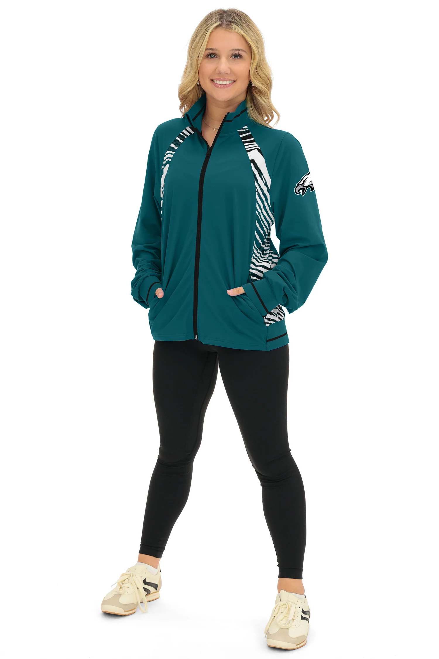 Zubaz NFL Women's Elevated Zebra Ombre Mock Track Full Zip Top, PHILADELPHIA EAGLES - Image 23