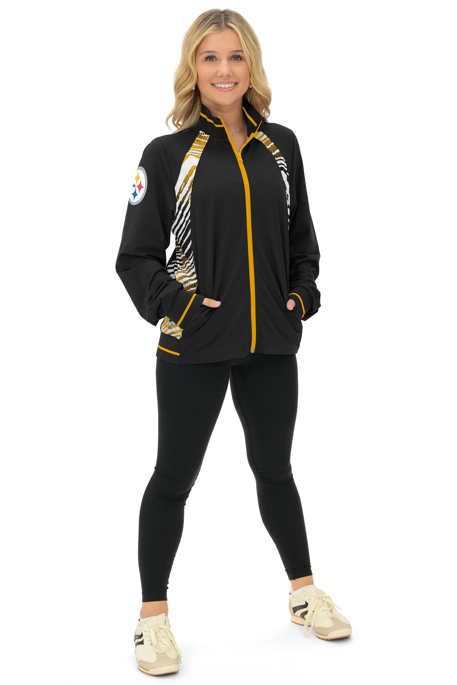 Zubaz NFL Women's Elevated Zebra Ombre Mock Track Full Zip Top, PITTSBURGH STEELERS - Image 11