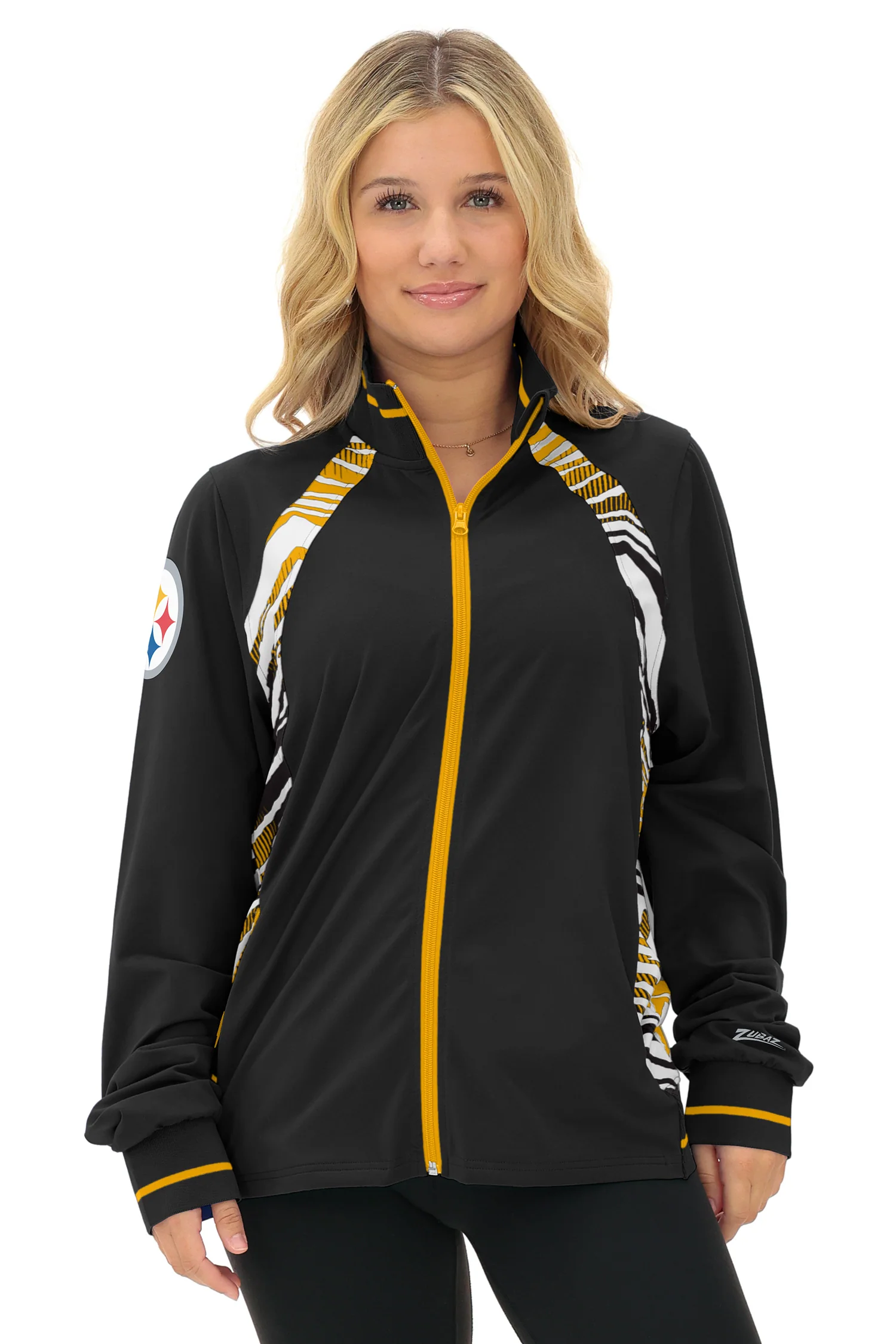 Zubaz NFL Women's Elevated Zebra Ombre Mock Track Full Zip Top, PITTSBURGH STEELERS - Image 19