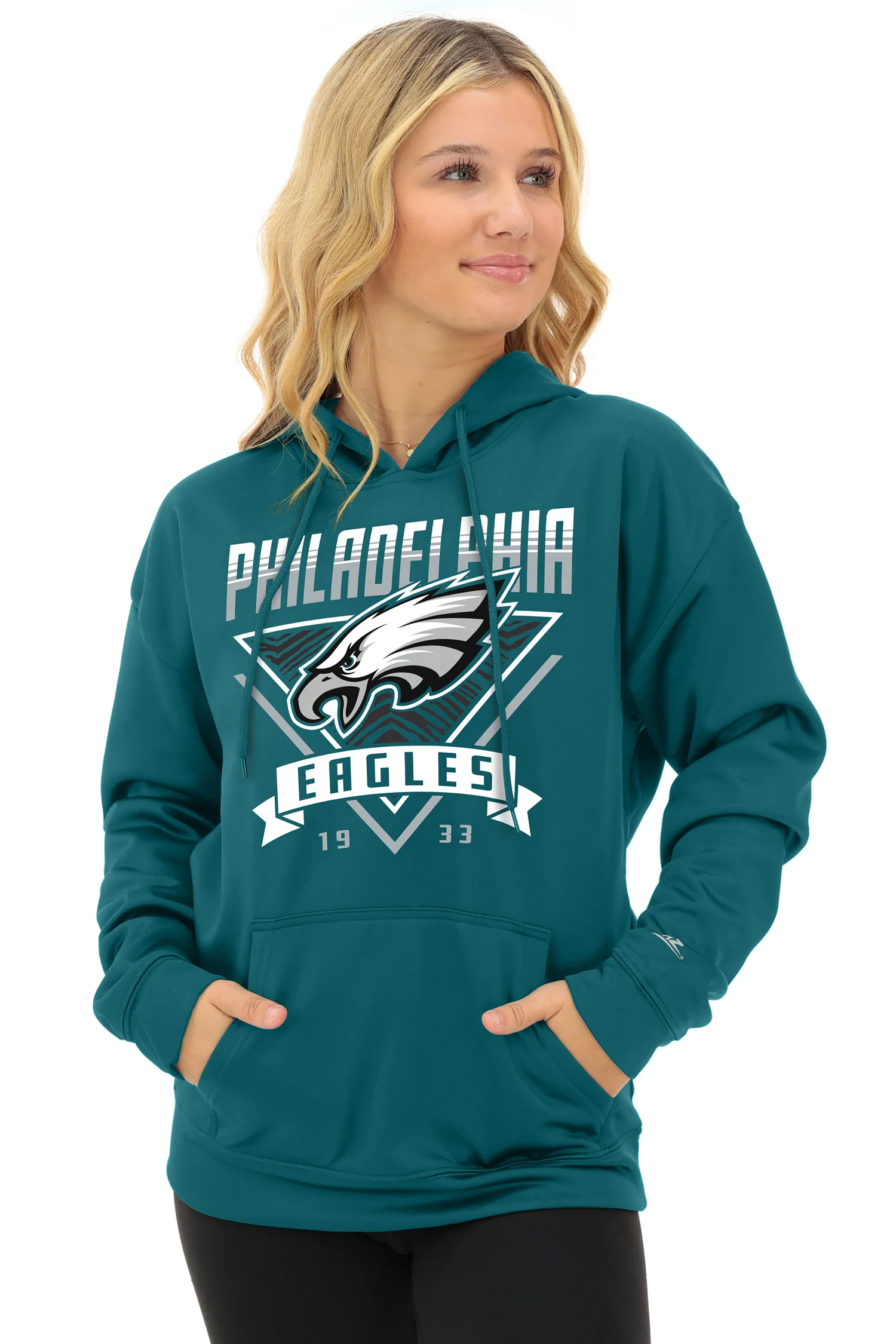 Zubaz NFL Women's Free Play 2 Color Zebra Liner Hoodie, PHILADELPHIA EAGLES