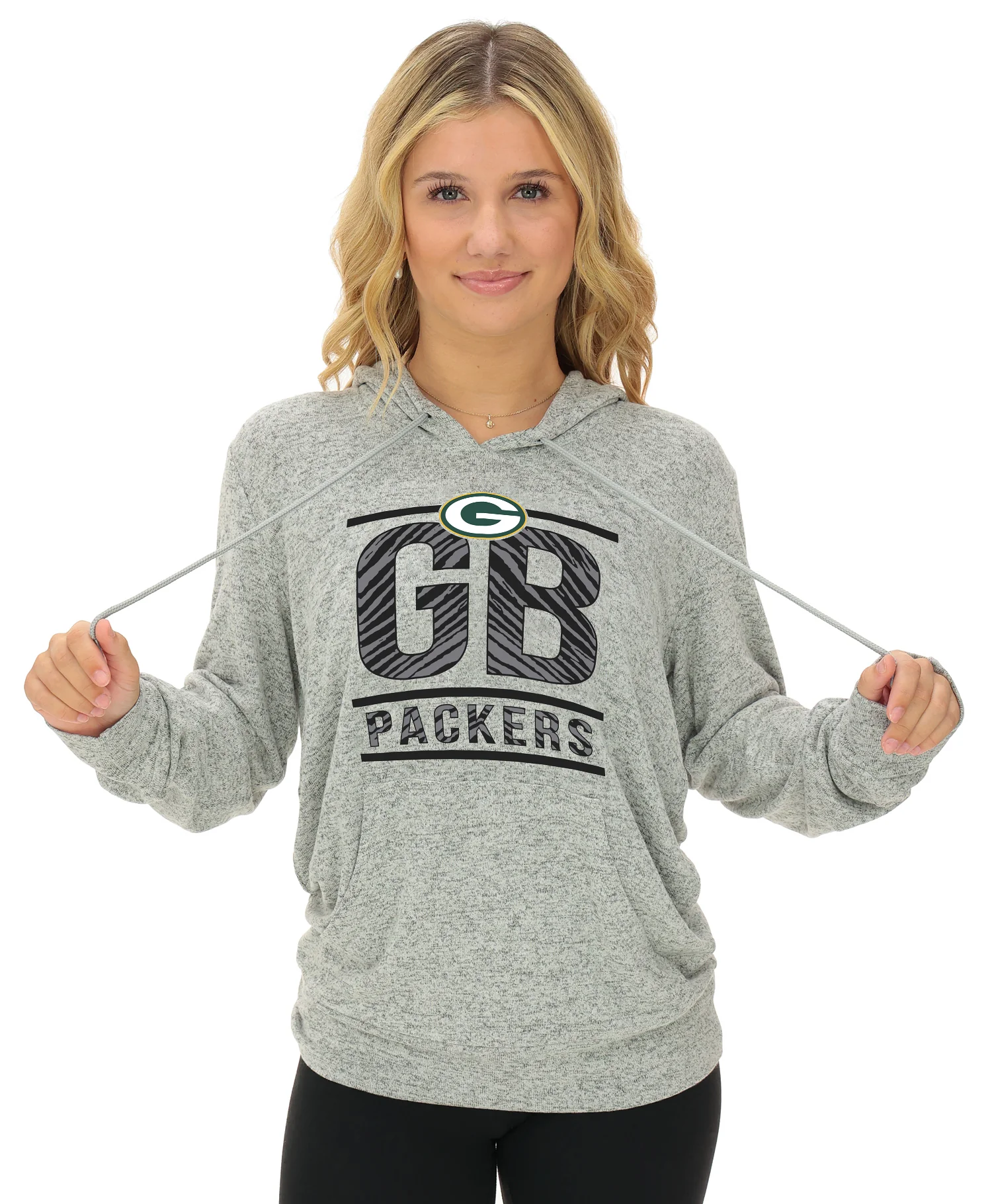 Zubaz NFL Women's Goal Line Soft Marled Gray Hoodie, Green Bay Packers - Image 6