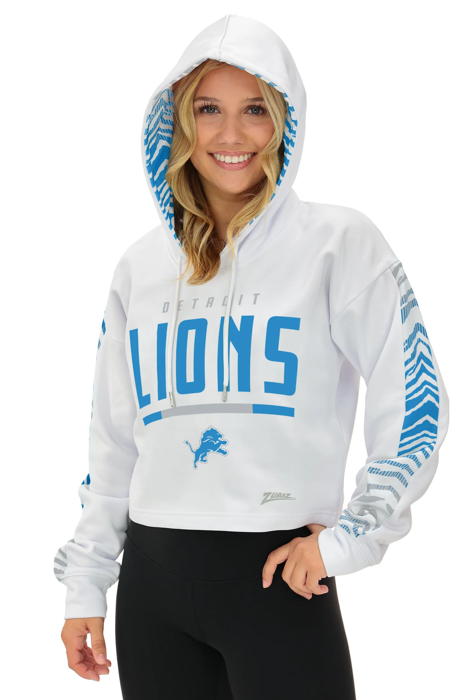 Zubaz NFL Women's Linebacker Zebra Ombre Crop Top Hoodie, DETROIT LIONS - Image 2