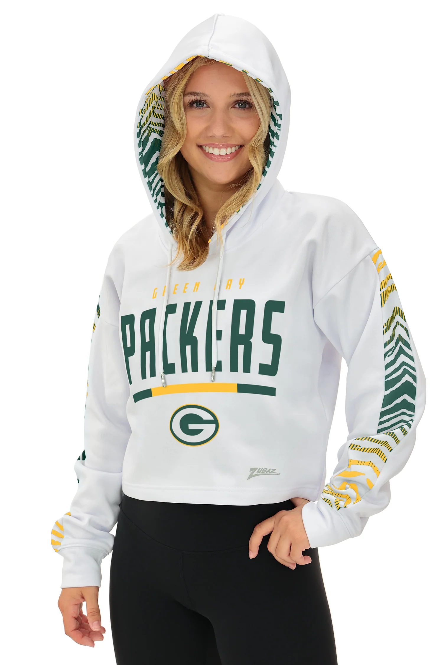 Zubaz NFL Women's Linebacker Zebra Ombre Crop Top Hoodie, GREEN BAY PACKERS - Image 2