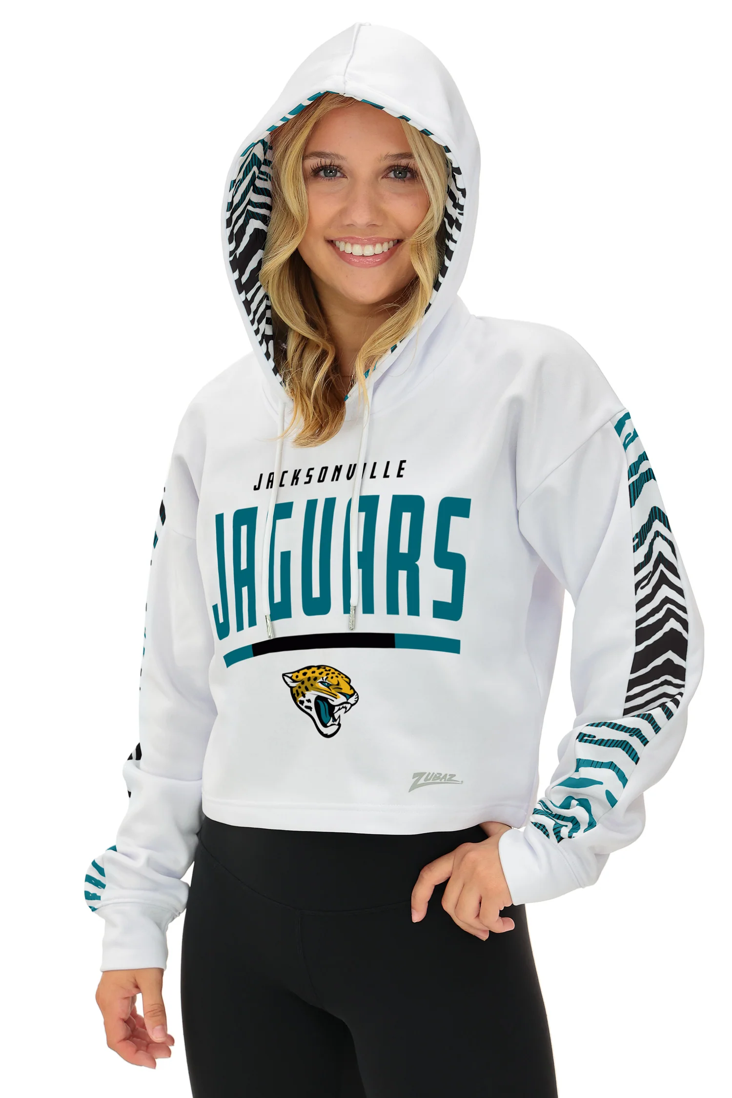 Zubaz NFL Women's Linebacker Zebra Ombre Crop Top Hoodie, JACKSONVILLE JAGUARS - Image 2