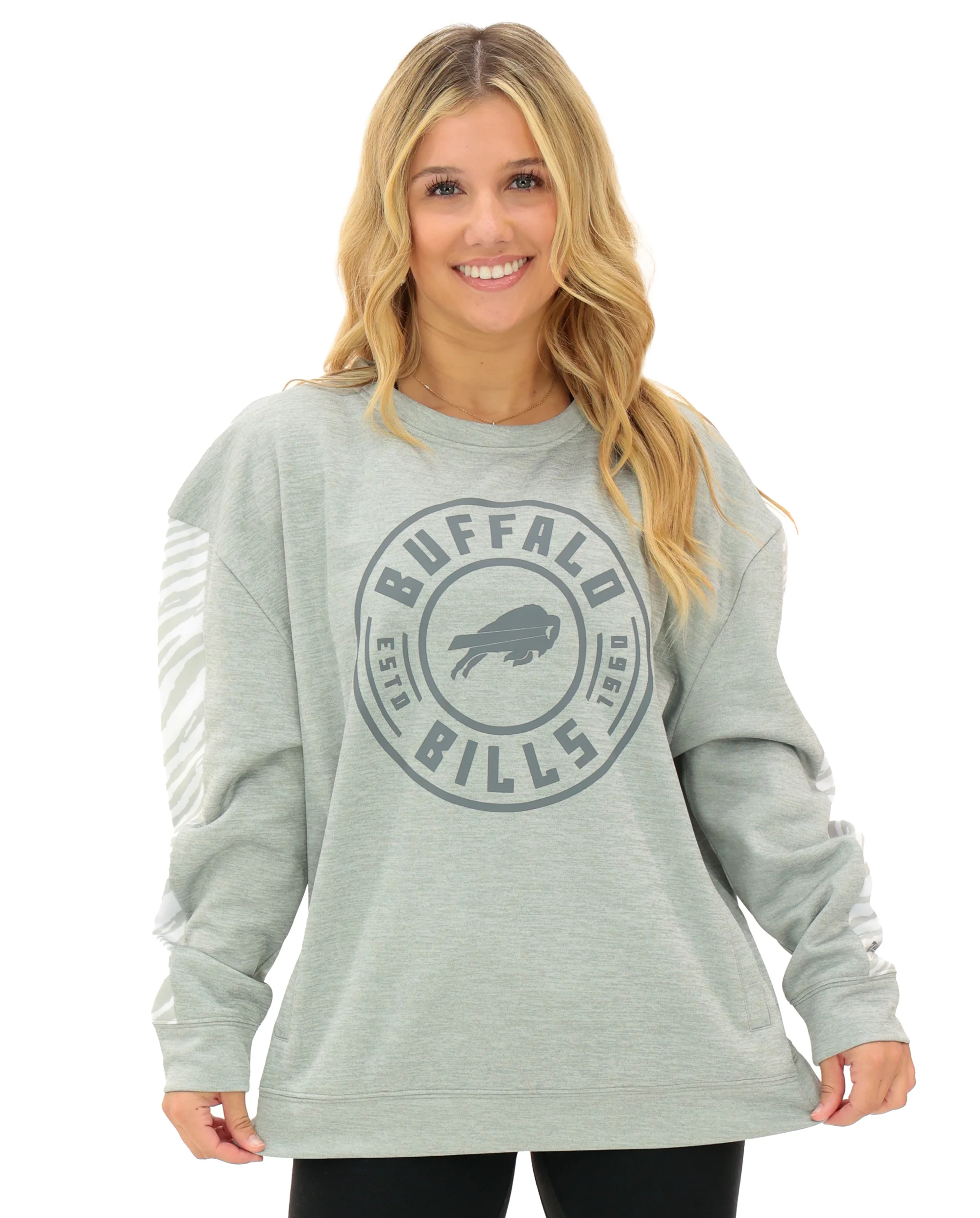 Zubaz NFL Women's Offense 2 Color Tonal Zebra Arm Panels Crewneck with Pockets, BUFFALO BILLS - Image 22