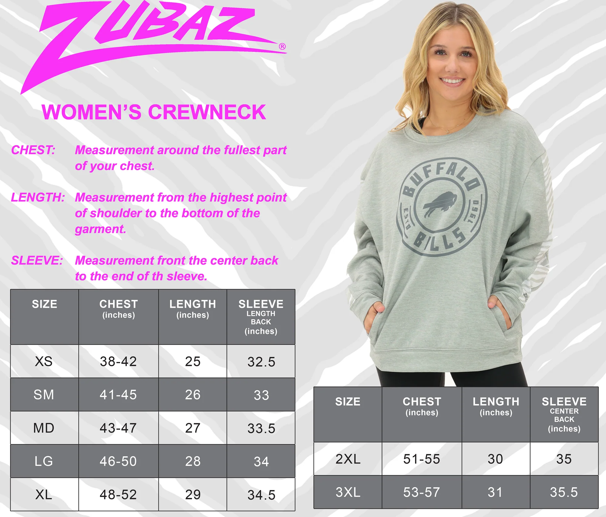 Zubaz NFL Women's Offense 2 Color Tonal Zebra Arm Panels Crewneck with Pockets, DENVER BRONCOS - Image 49