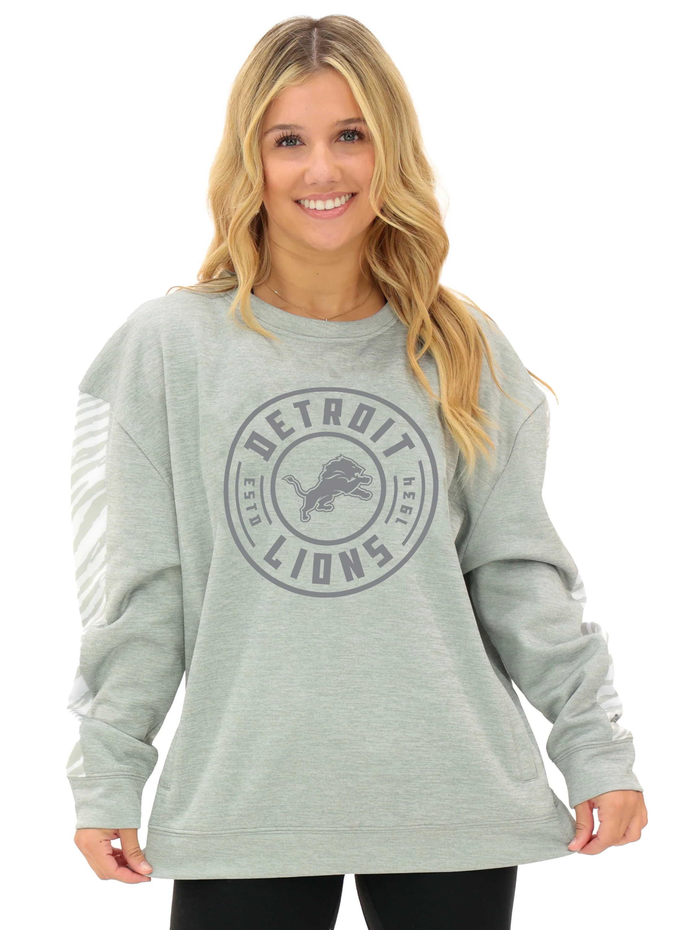 Zubaz NFL Women's Offense 2 Color Tonal Zebra Arm Panels Crewneck with Pockets, DETROIT LIONS - Image 2