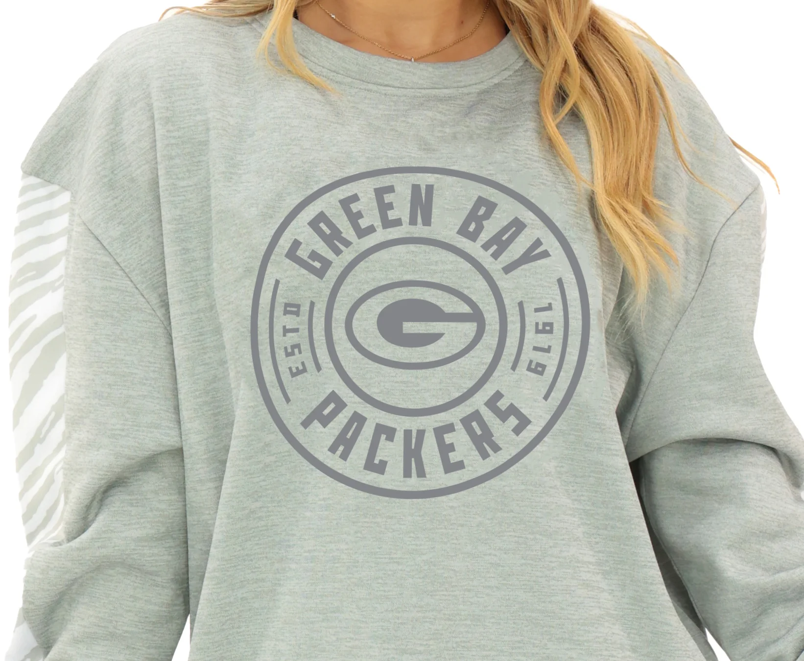 Zubaz NFL Women's Offense 2 Color Tonal Zebra Arm Panels Crewneck with Pockets, GREEN BAY PACKERS - Image 10