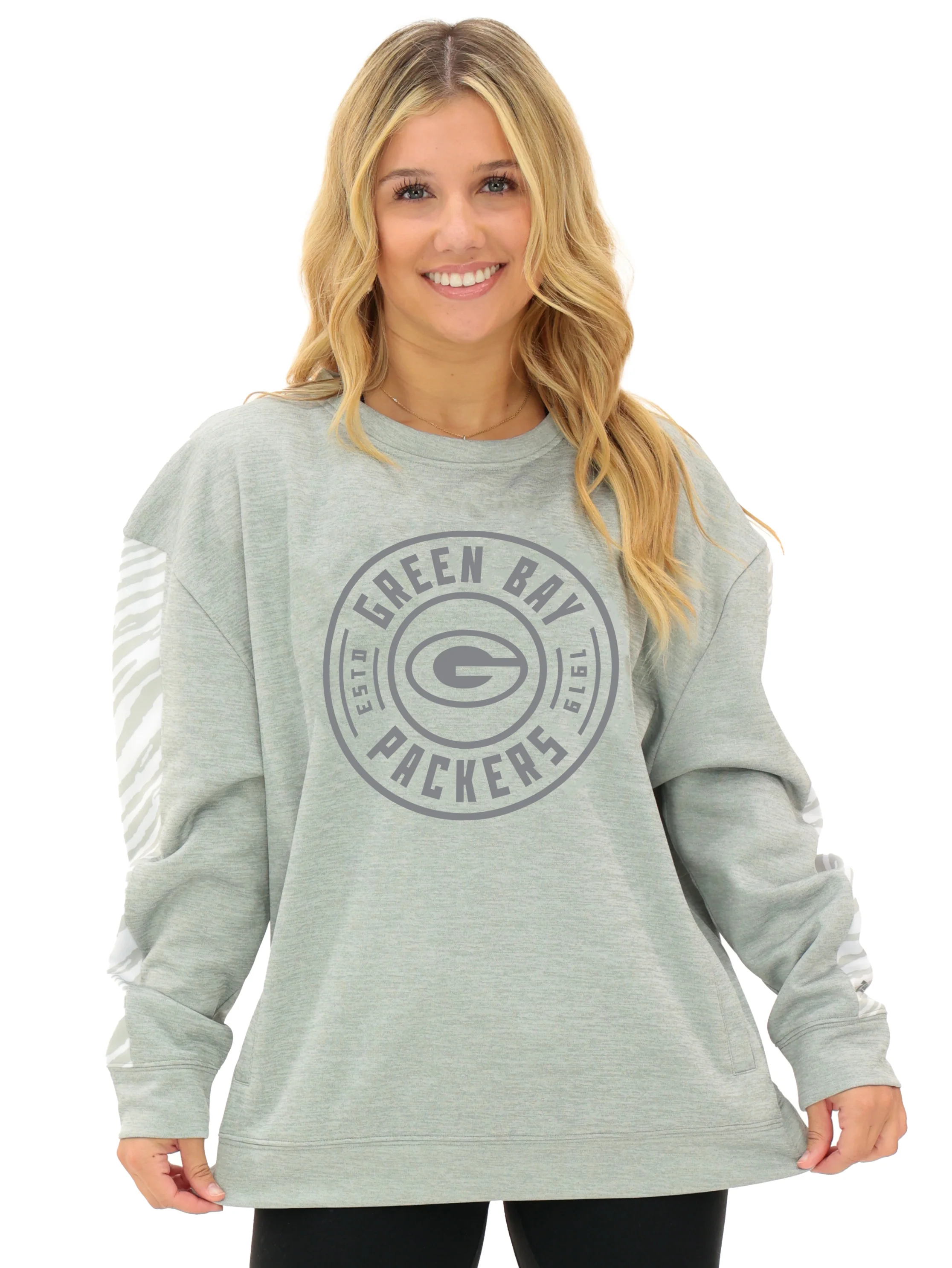 Zubaz NFL Women's Offense 2 Color Tonal Zebra Arm Panels Crewneck with Pockets, GREEN BAY PACKERS - Image 43