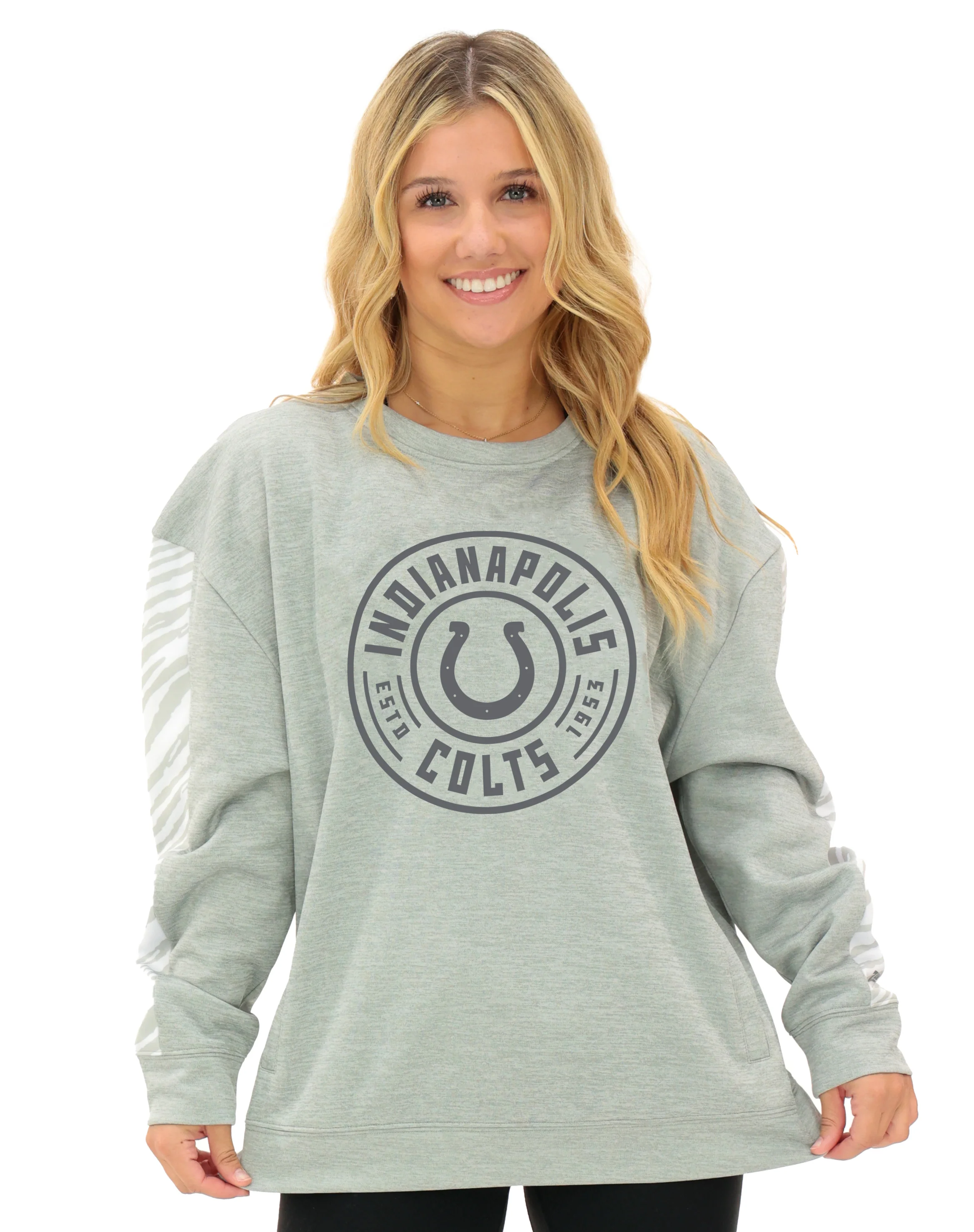 Zubaz NFL Women's Offense 2 Color Tonal Zebra Arm Panels Crewneck with Pockets, INDIANAPOLIS COLTS