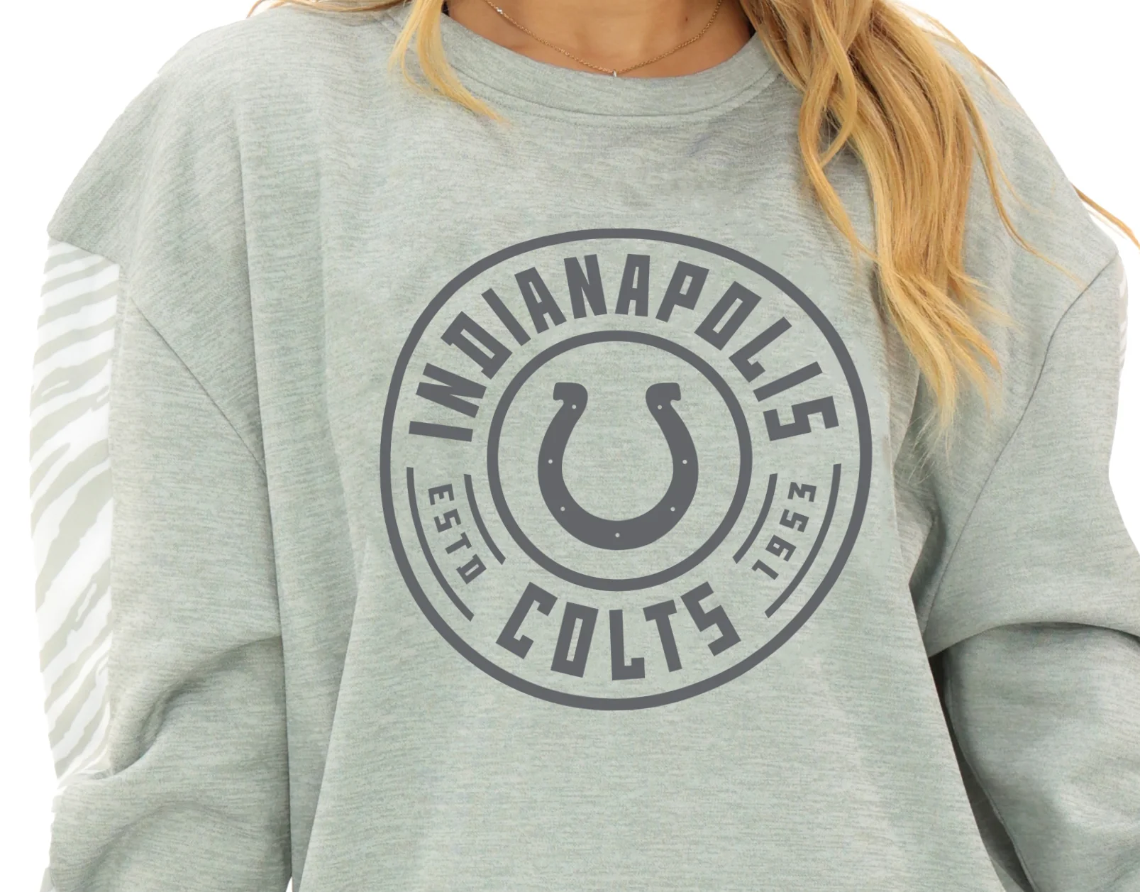 Zubaz NFL Women's Offense 2 Color Tonal Zebra Arm Panels Crewneck with Pockets, INDIANAPOLIS COLTS - Image 9