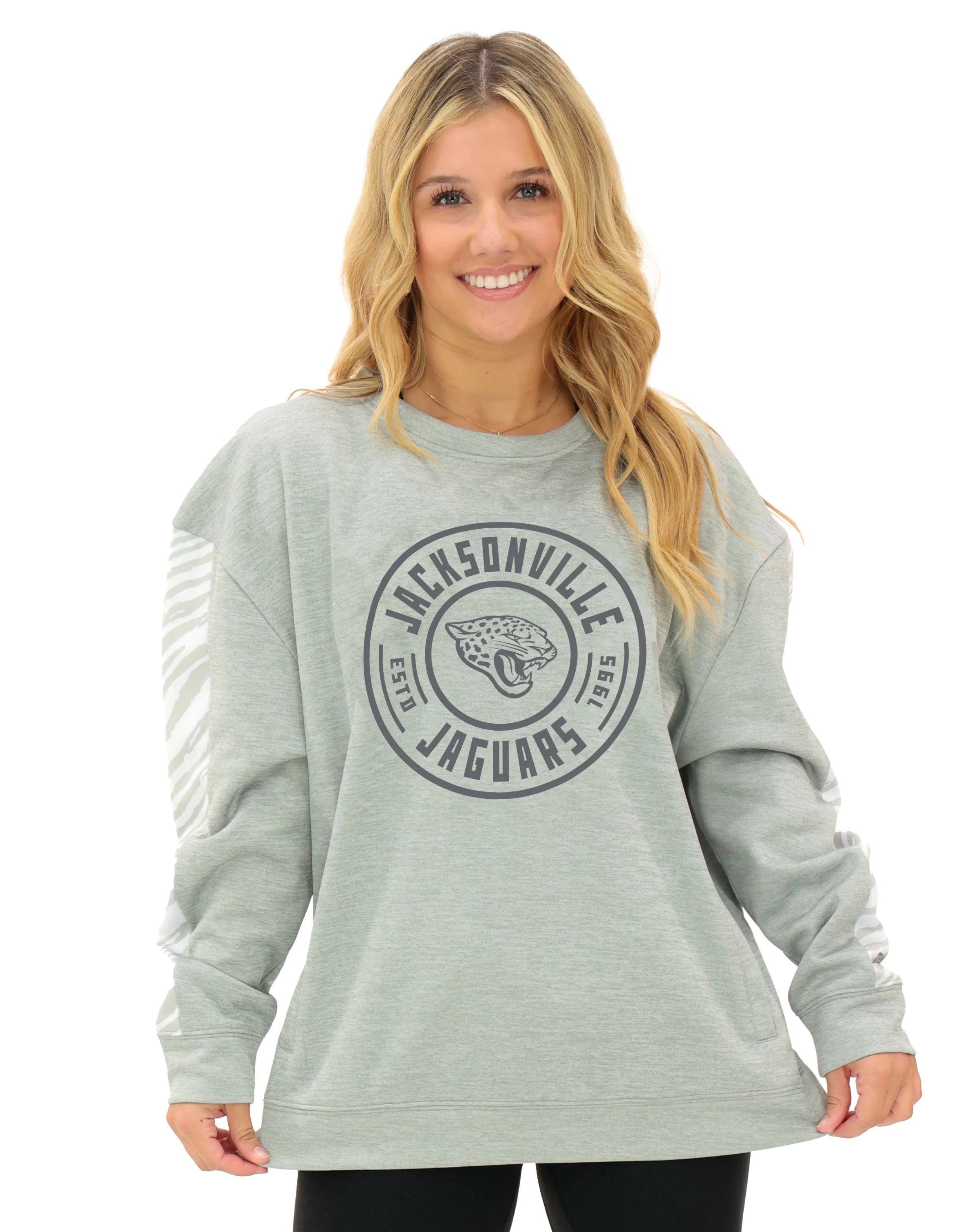 Zubaz NFL Women's Offense 2 Color Tonal Zebra Arm Panels Crewneck with Pockets, JACKSONVILLE JAGUARS