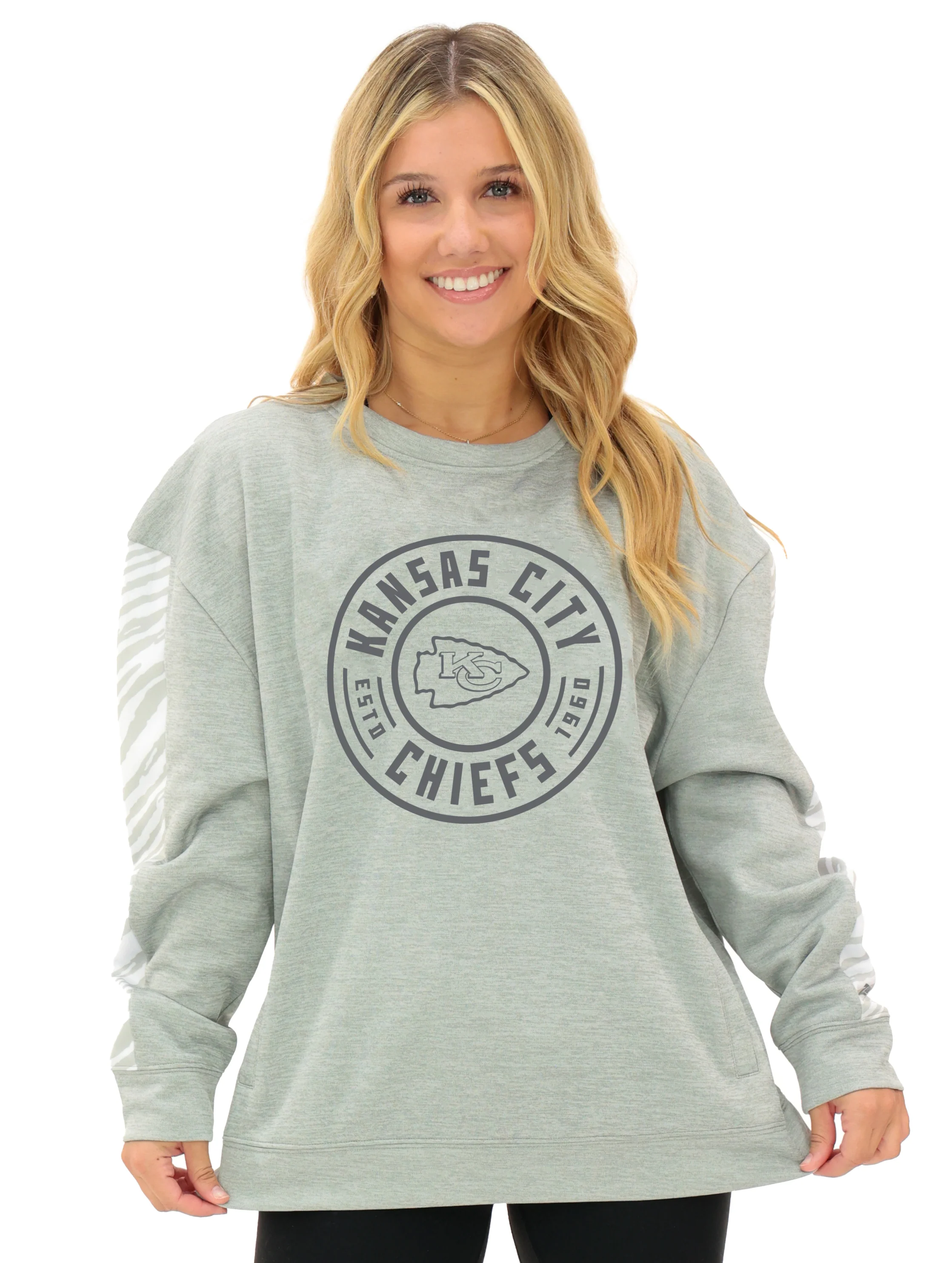 Zubaz NFL Women's Offense 2 Color Tonal Zebra Arm Panels Crewneck with Pockets, KANSAS CITY CHIEFS - Image 15