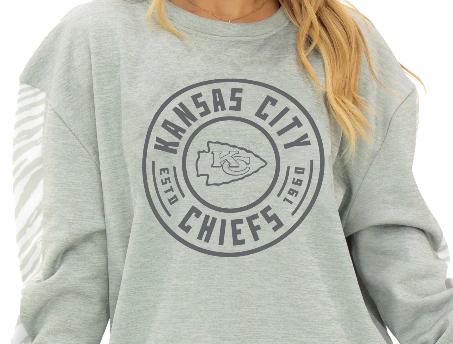Zubaz NFL Women's Offense 2 Color Tonal Zebra Arm Panels Crewneck with Pockets, KANSAS CITY CHIEFS - Image 52