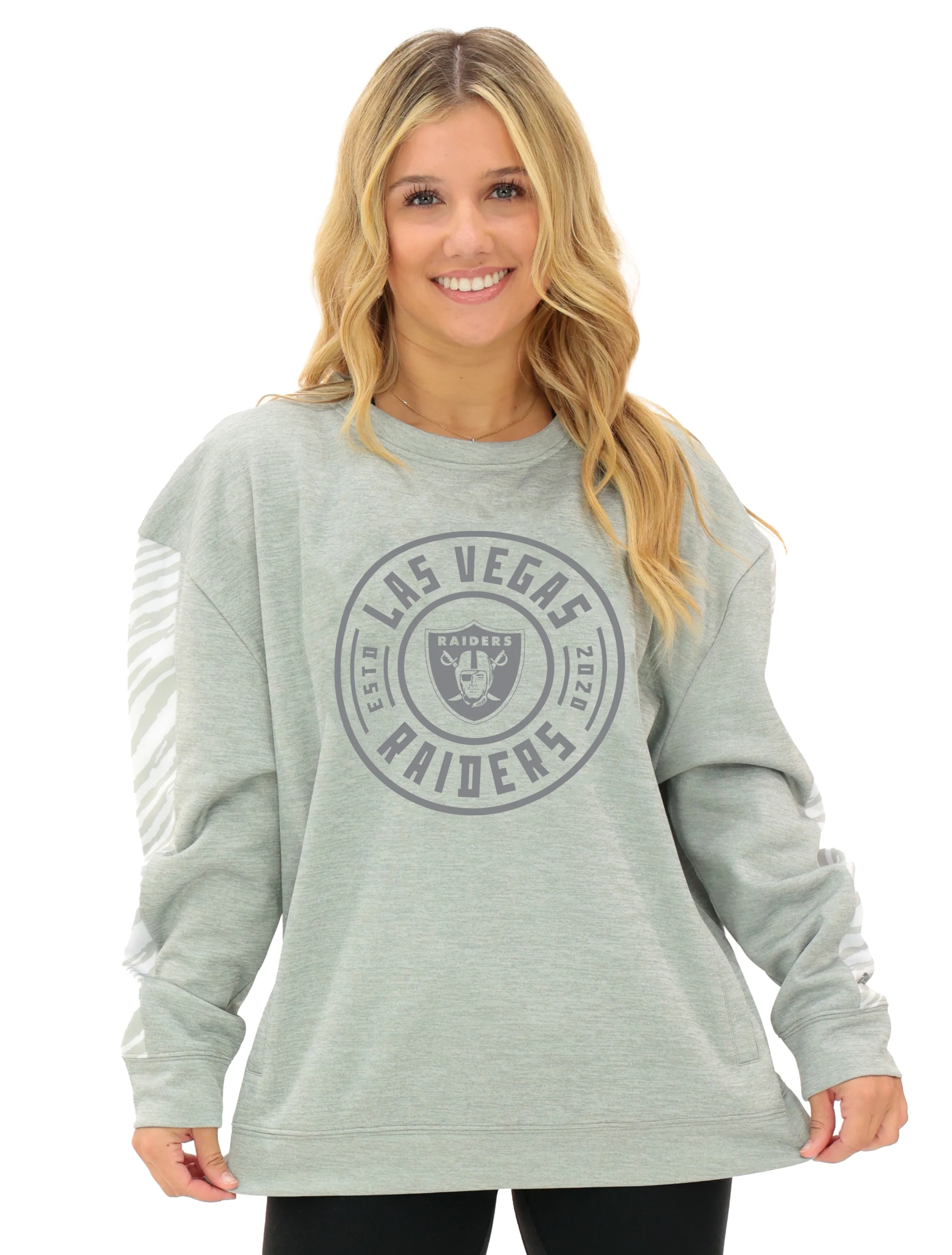 Zubaz NFL Women's Offense 2 Color Tonal Zebra Arm Panels Crewneck with Pockets, LAS VEGAS RAIDERS - Image 50
