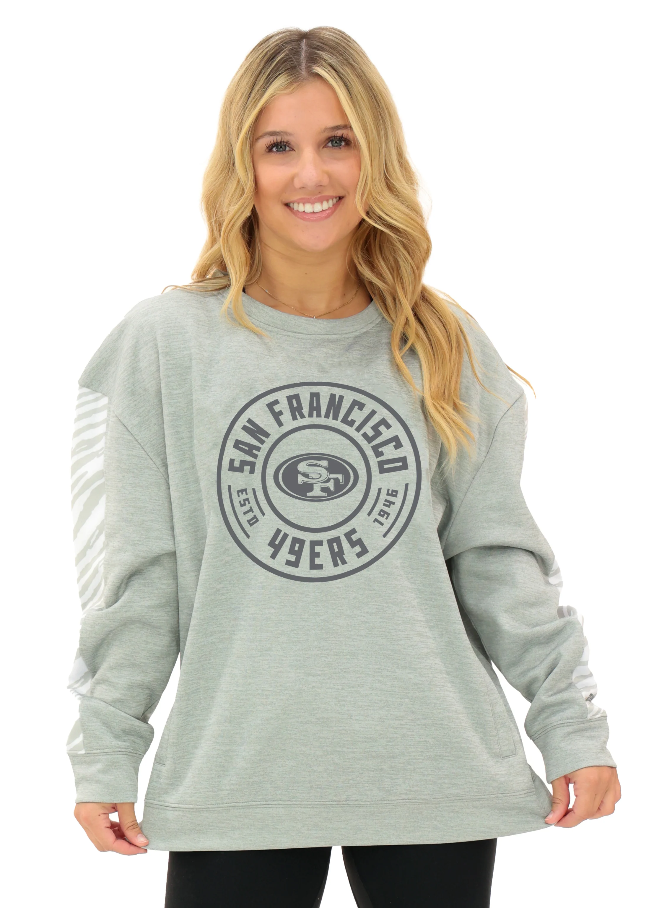 Zubaz NFL Women's Offense 2 Color Tonal Zebra Arm Panels Crewneck with Pockets, SAN FRANCISCO 49ERS - Image 50