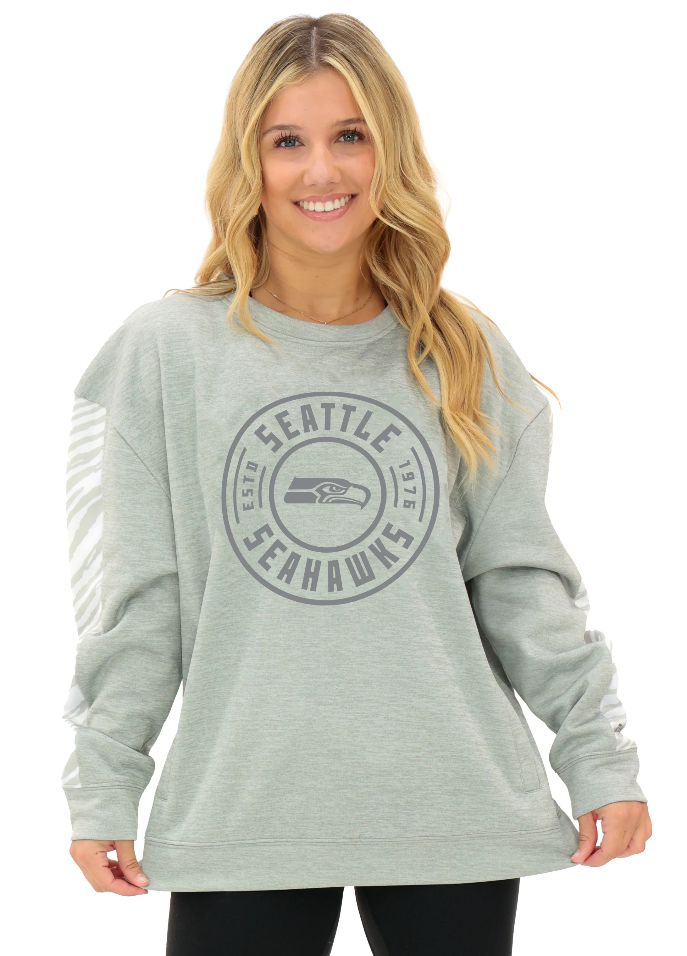 Zubaz NFL Women's Offense 2 Color Tonal Zebra Arm Panels Crewneck with Pockets, SEATTLE SEAHAWKS - Image 2