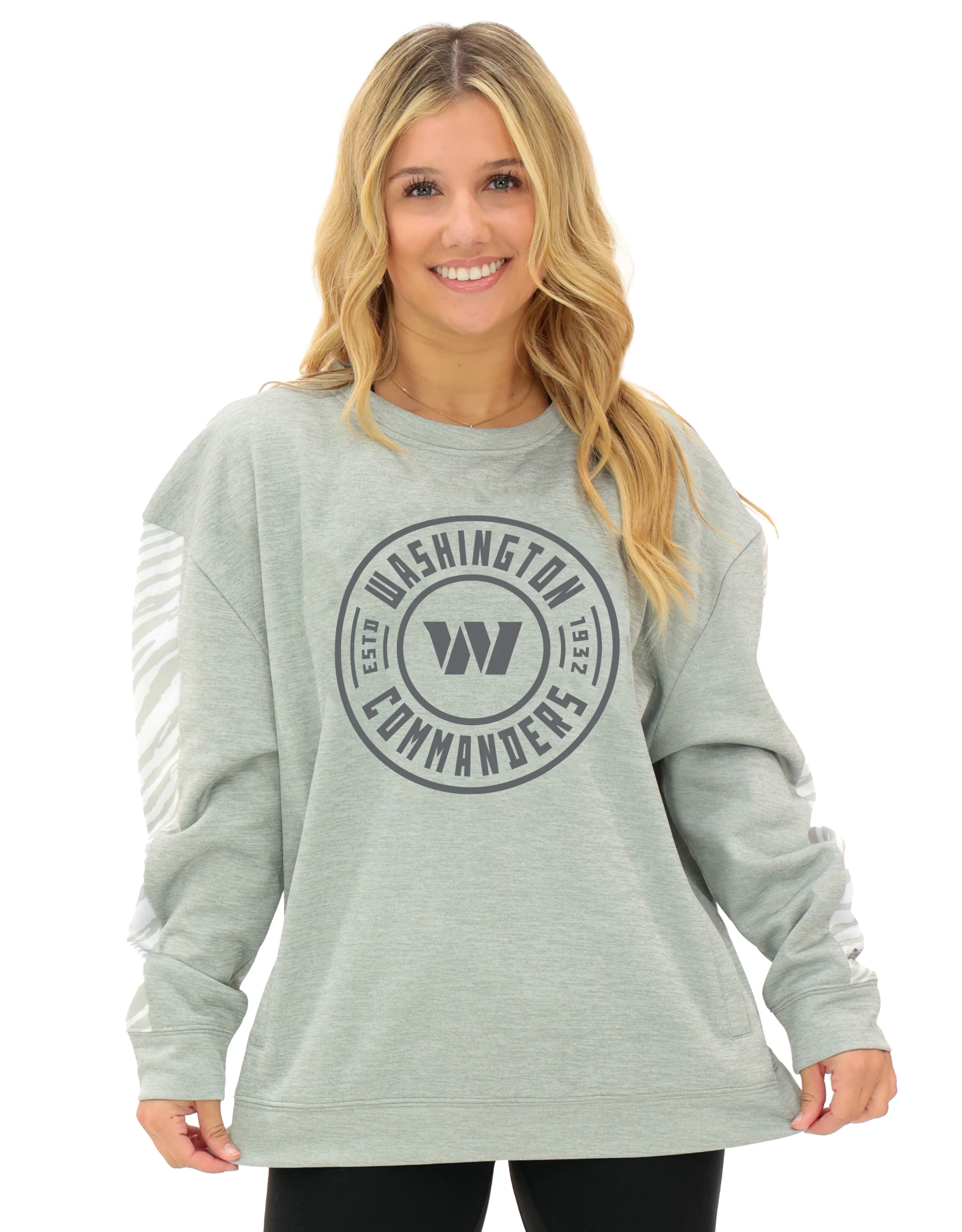 Zubaz NFL Women's Offense 2 Color Tonal Zebra Arm Panels Crewneck with Pockets, WASHINGTON COMMANDERS - Image 2