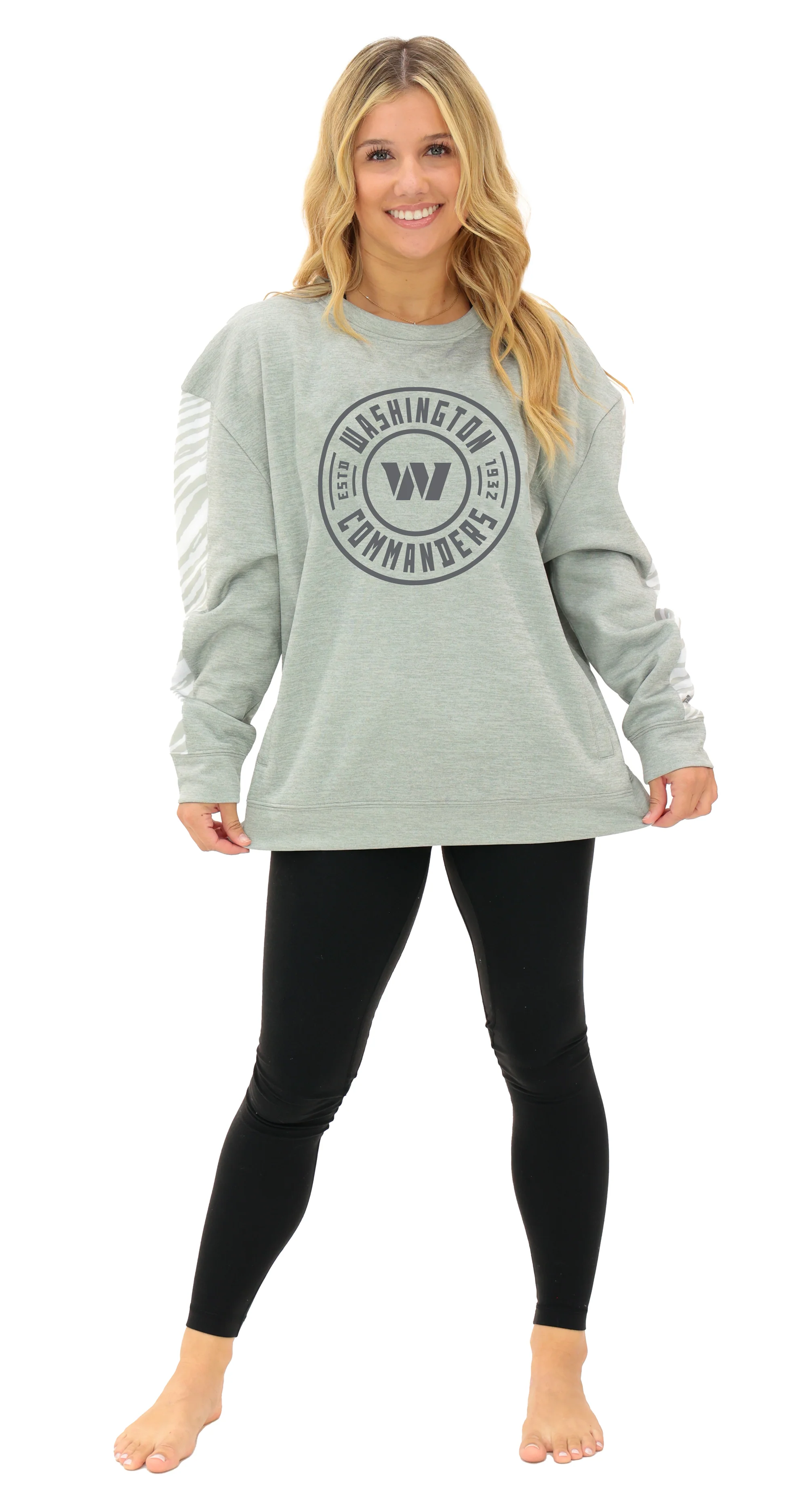 Zubaz NFL Women's Offense 2 Color Tonal Zebra Arm Panels Crewneck with Pockets, WASHINGTON COMMANDERS - Image 51