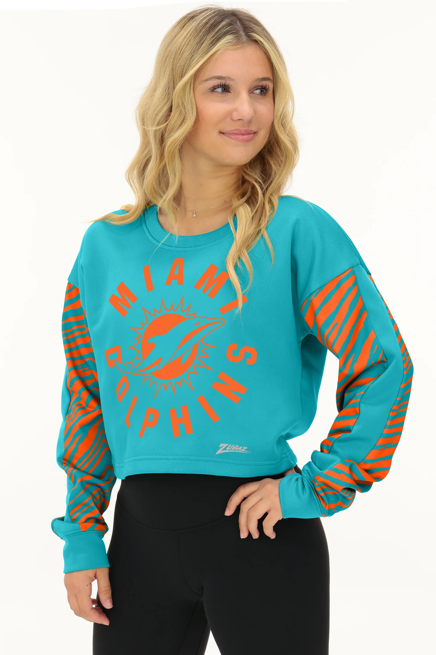 Zubaz NFL Women's Overtime 2 Color Zebra Crop Top Crewneck, MIAMI DOLPHINS - Image 2