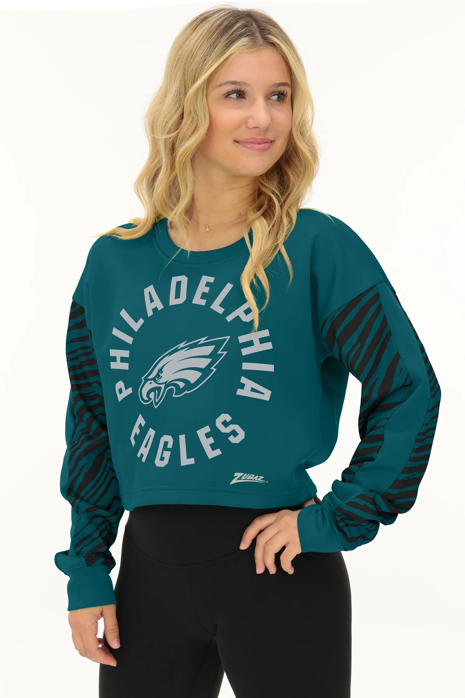 Zubaz NFL Women's Overtime 2 Color Zebra Crop Top Crewneck, PHILADELPHIA EAGLES - Image 33