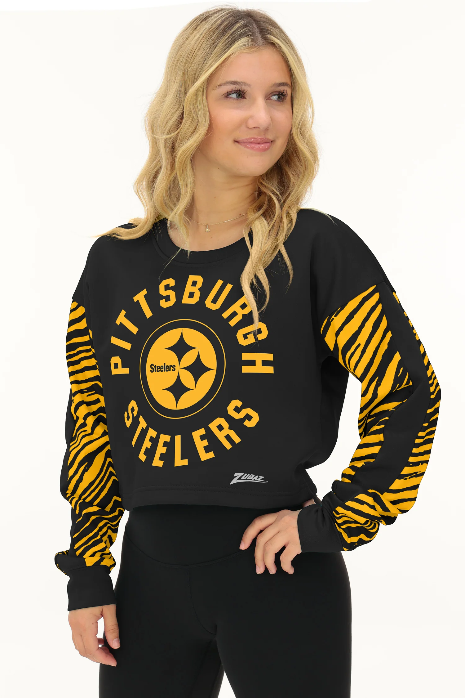 Zubaz NFL Women's Overtime 2 Color Zebra Crop Top Crewneck, PITTSBURGH STEELERS - Image 17