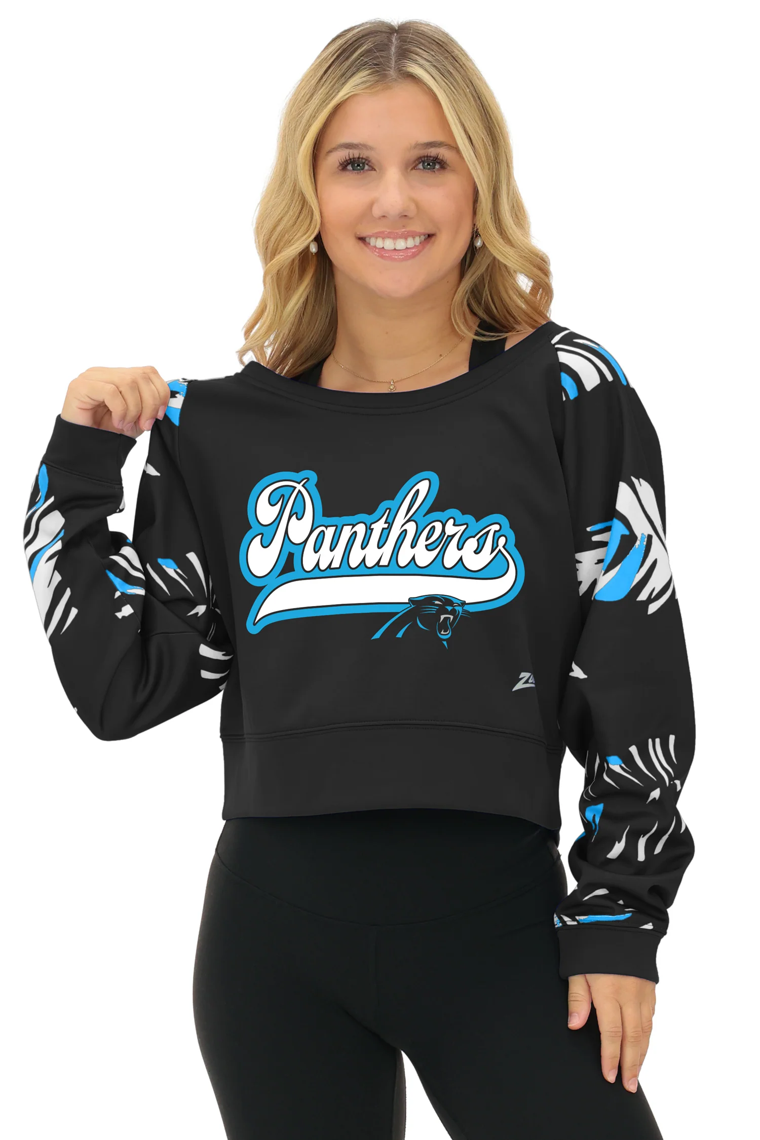 Zubaz NFL Women's Script 3 Color Leaf Boatneck Raglan Crew, CAROLINA PANTHERS - Image 36