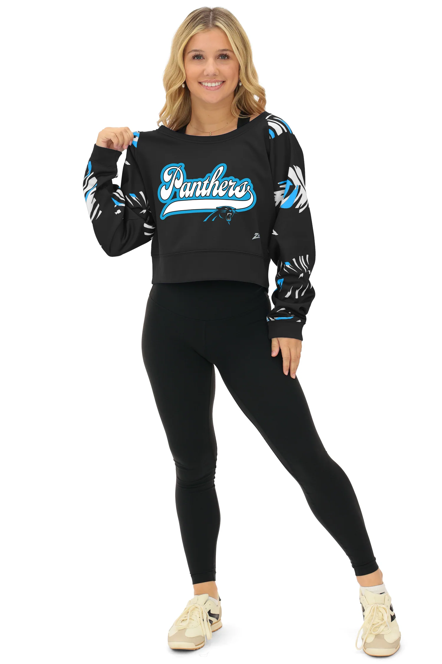 Zubaz NFL Women's Script 3 Color Leaf Boatneck Raglan Crew, CAROLINA PANTHERS - Image 38