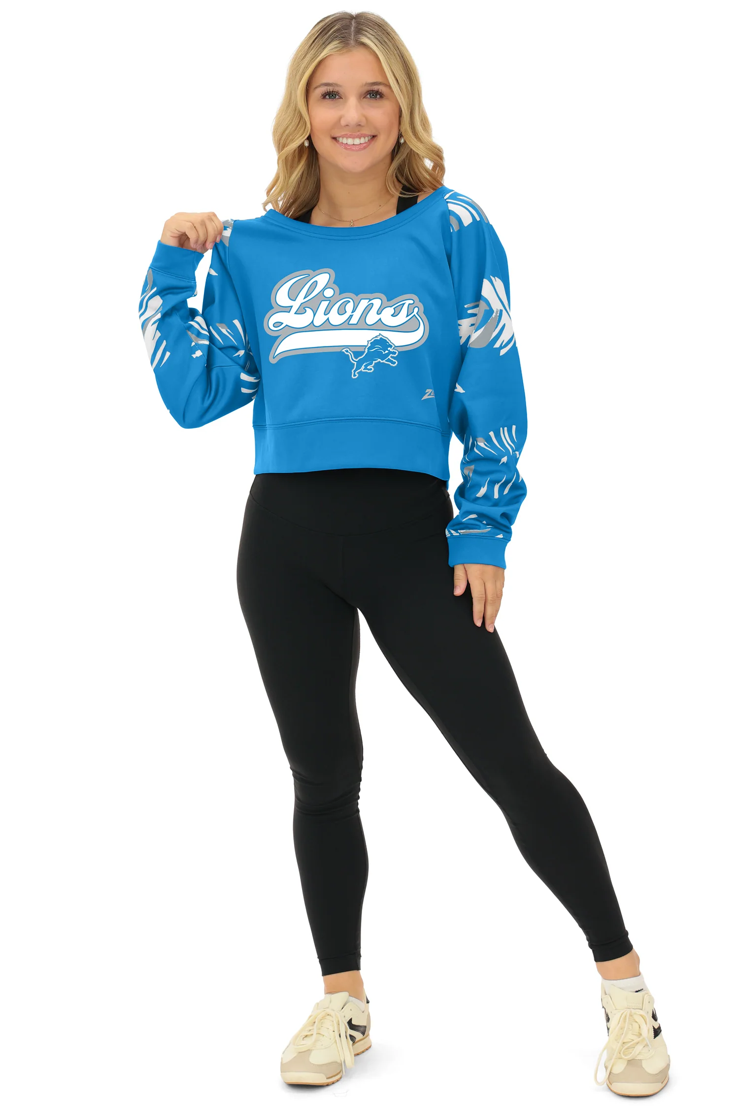 Zubaz NFL Women's Script 3 Color Leaf Boatneck Raglan Crew, DETROIT LIONS - Image 13