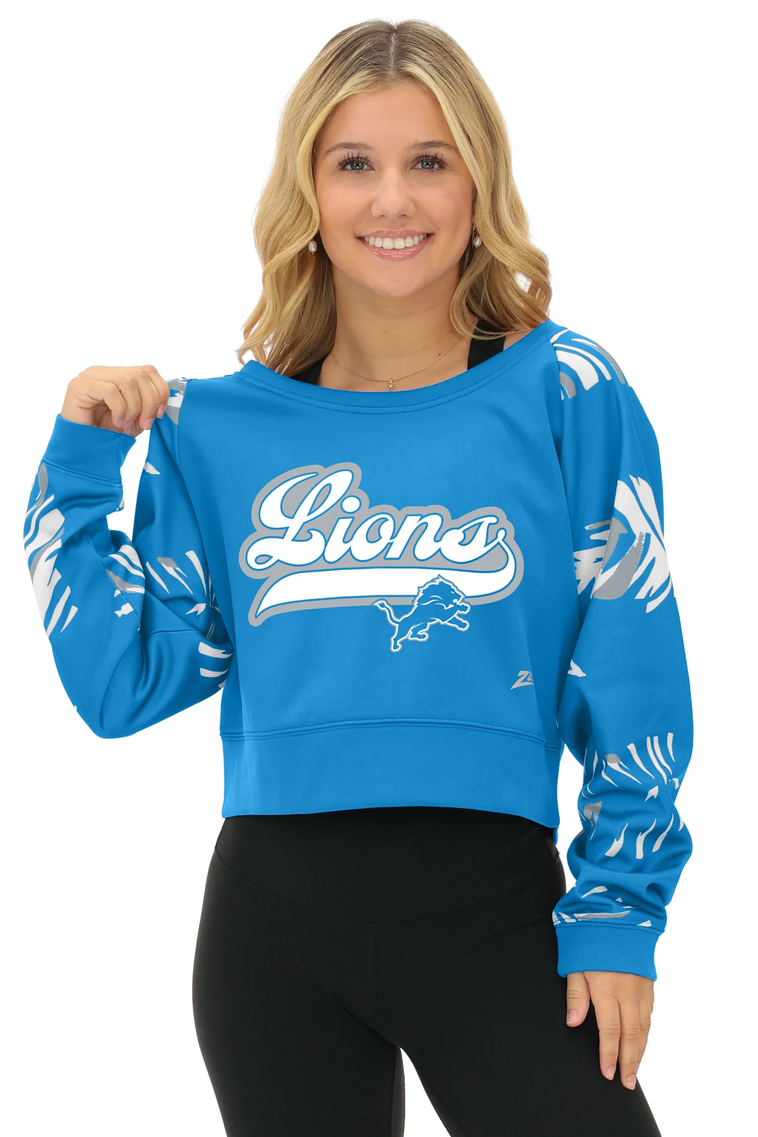 Zubaz NFL Women's Script 3 Color Leaf Boatneck Raglan Crew, DETROIT LIONS - Image 2