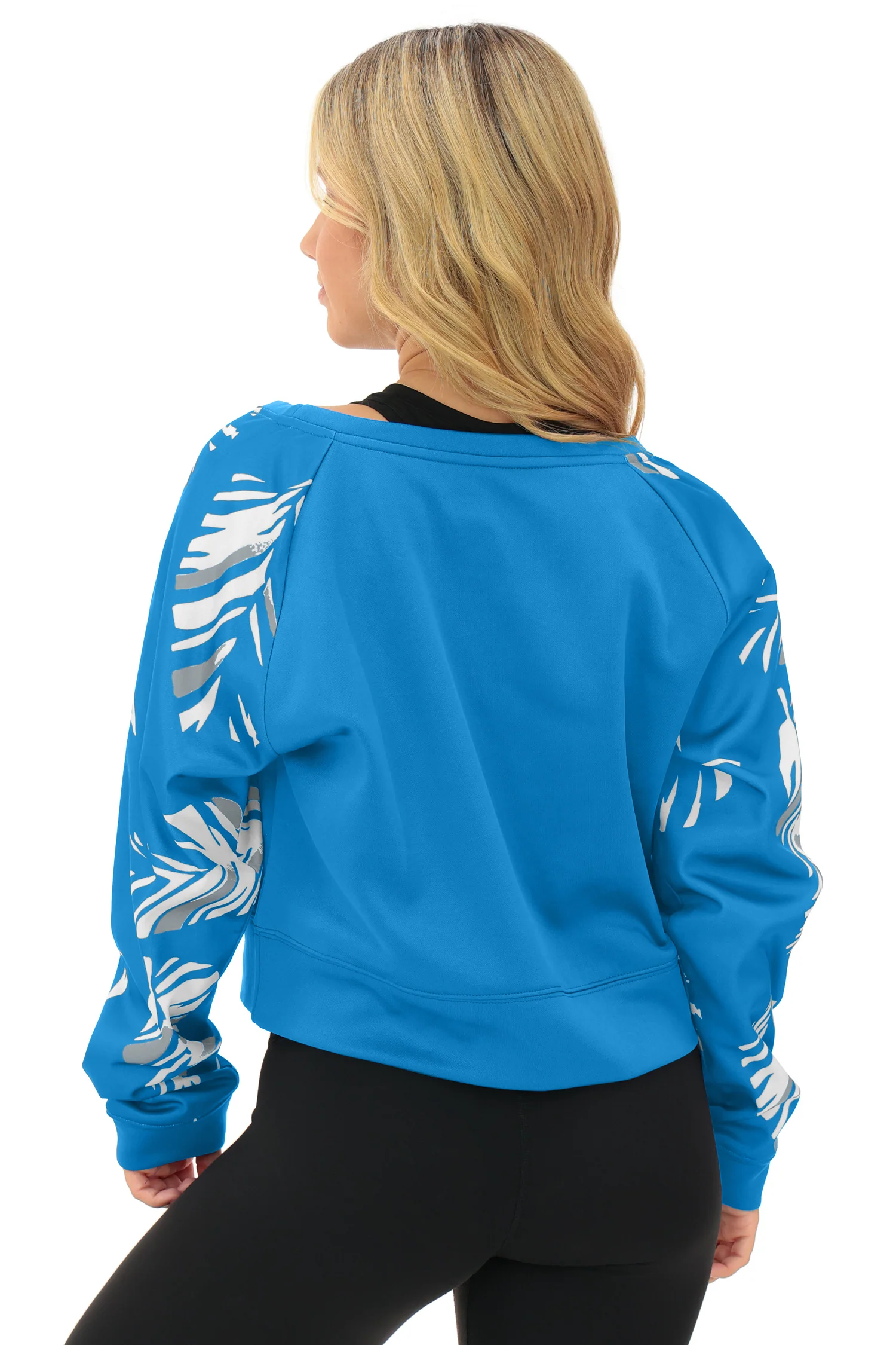 Zubaz NFL Women's Script 3 Color Leaf Boatneck Raglan Crew, DETROIT LIONS - Image 3