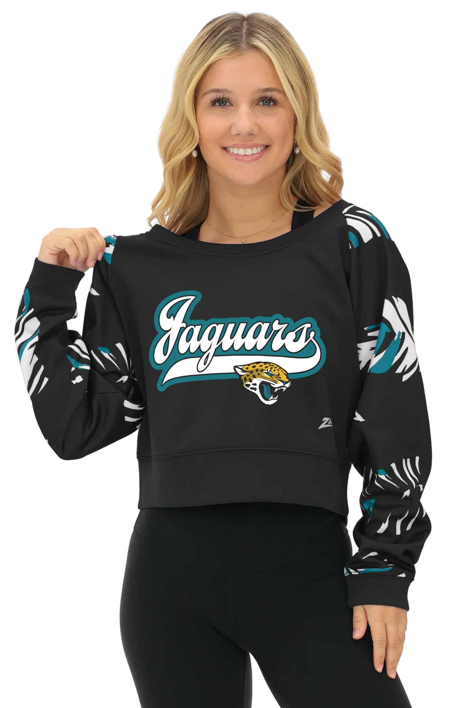 Zubaz NFL Women's Script 3 Color Leaf Boatneck Raglan Crew, JACKSONVILLE JAGUARS - Image 16
