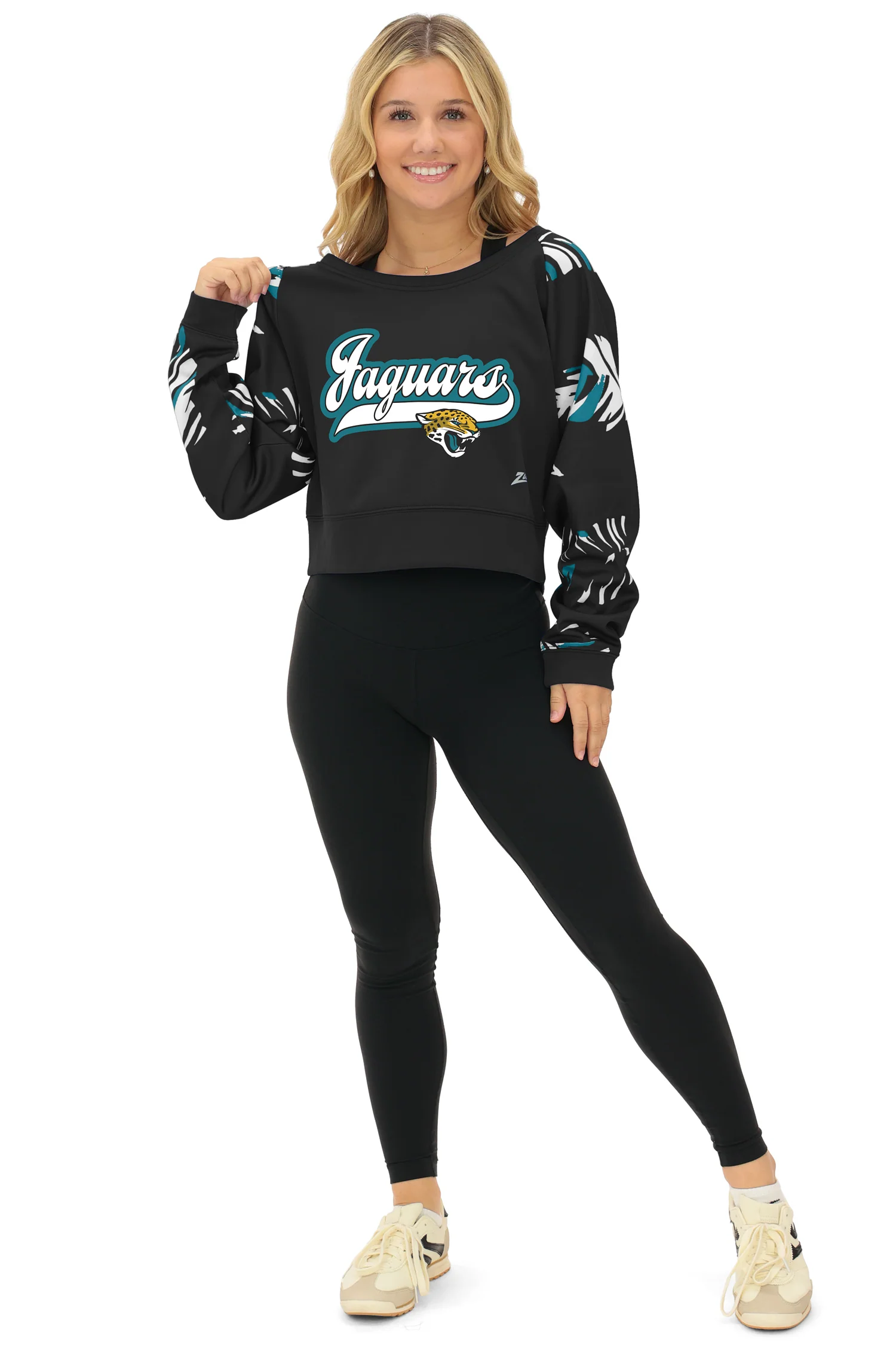 Zubaz NFL Women's Script 3 Color Leaf Boatneck Raglan Crew, JACKSONVILLE JAGUARS - Image 18